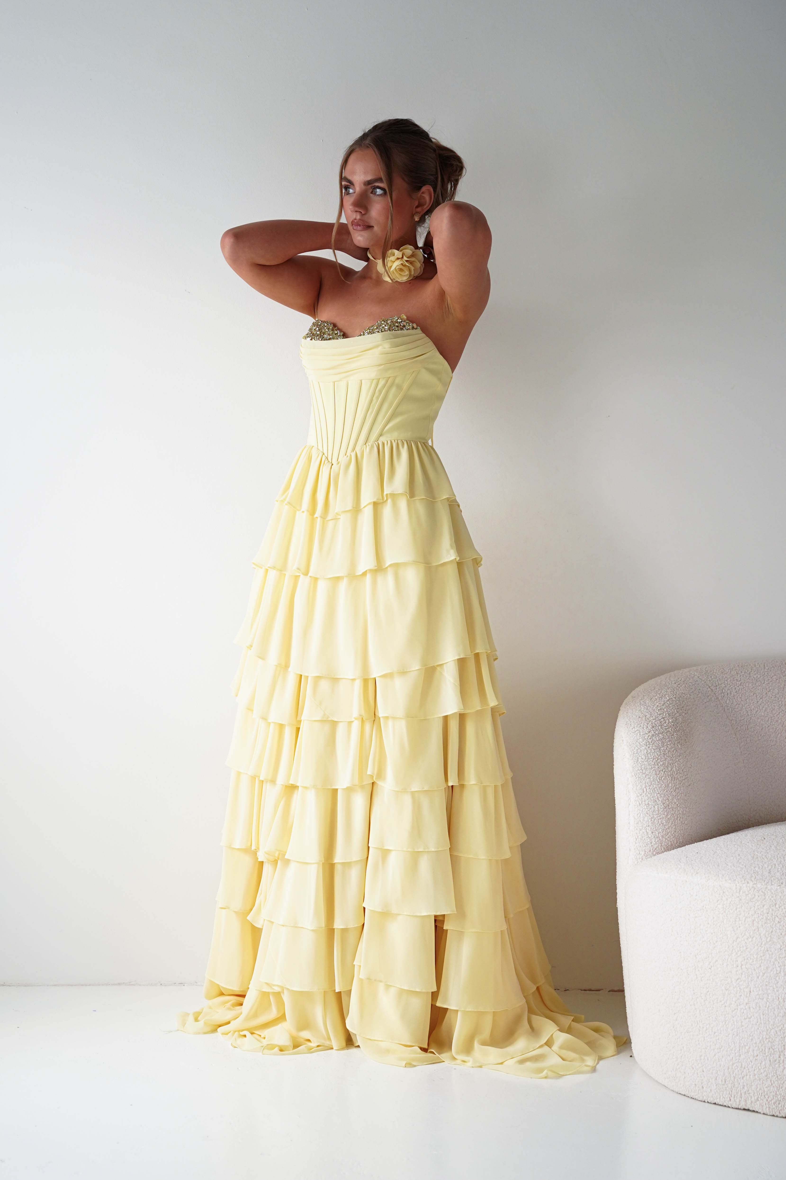 Oh Hello Clothing Women > Clothing > Dresses 1*DONE - Cinderalla-CD402- YELLOW Strapless Embellished Chiffon Tiered Maxi Dress