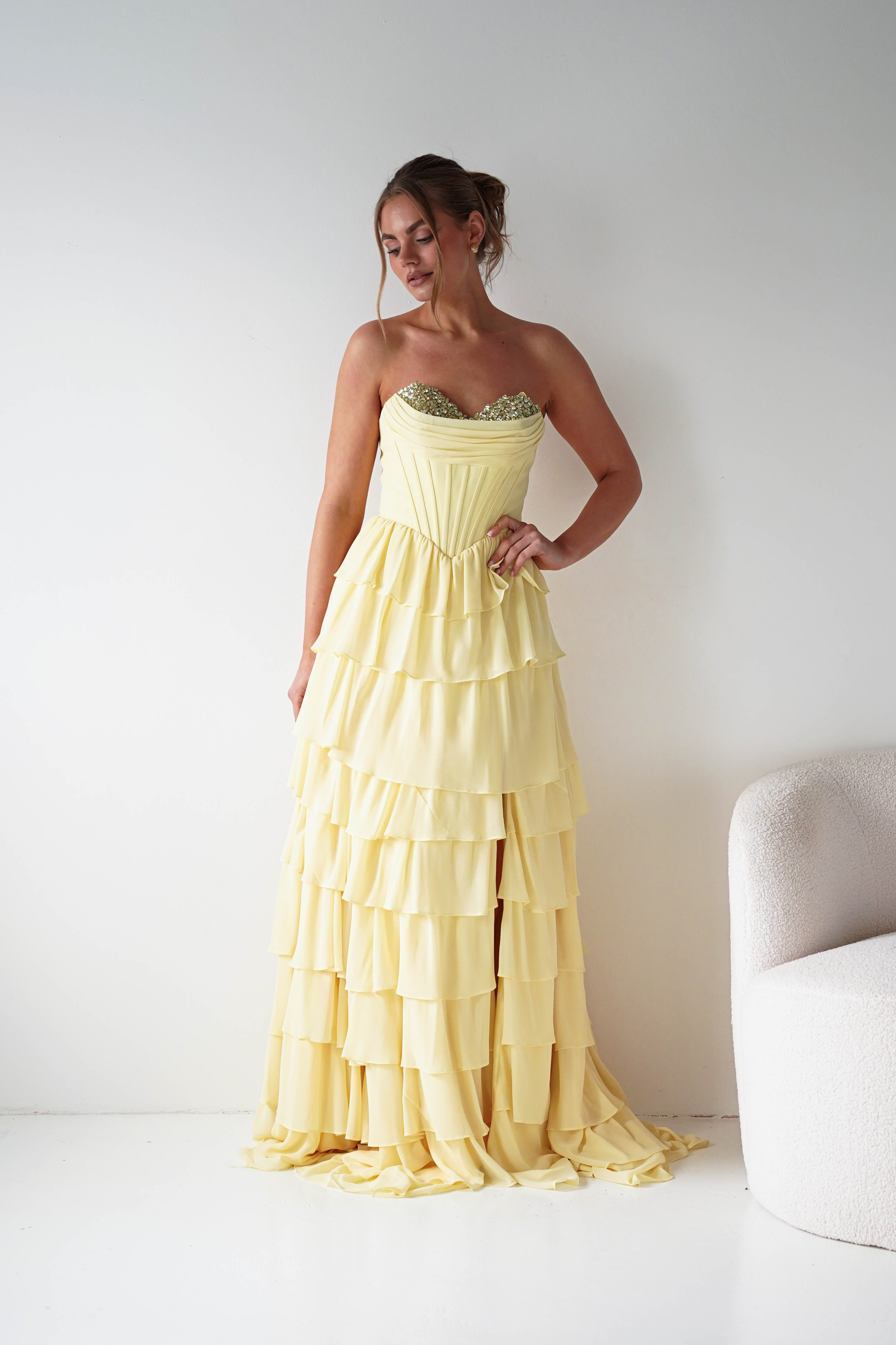 Oh Hello Clothing Women > Clothing > Dresses 1*DONE - Cinderalla-CD402- YELLOW Strapless Embellished Chiffon Tiered Maxi Dress