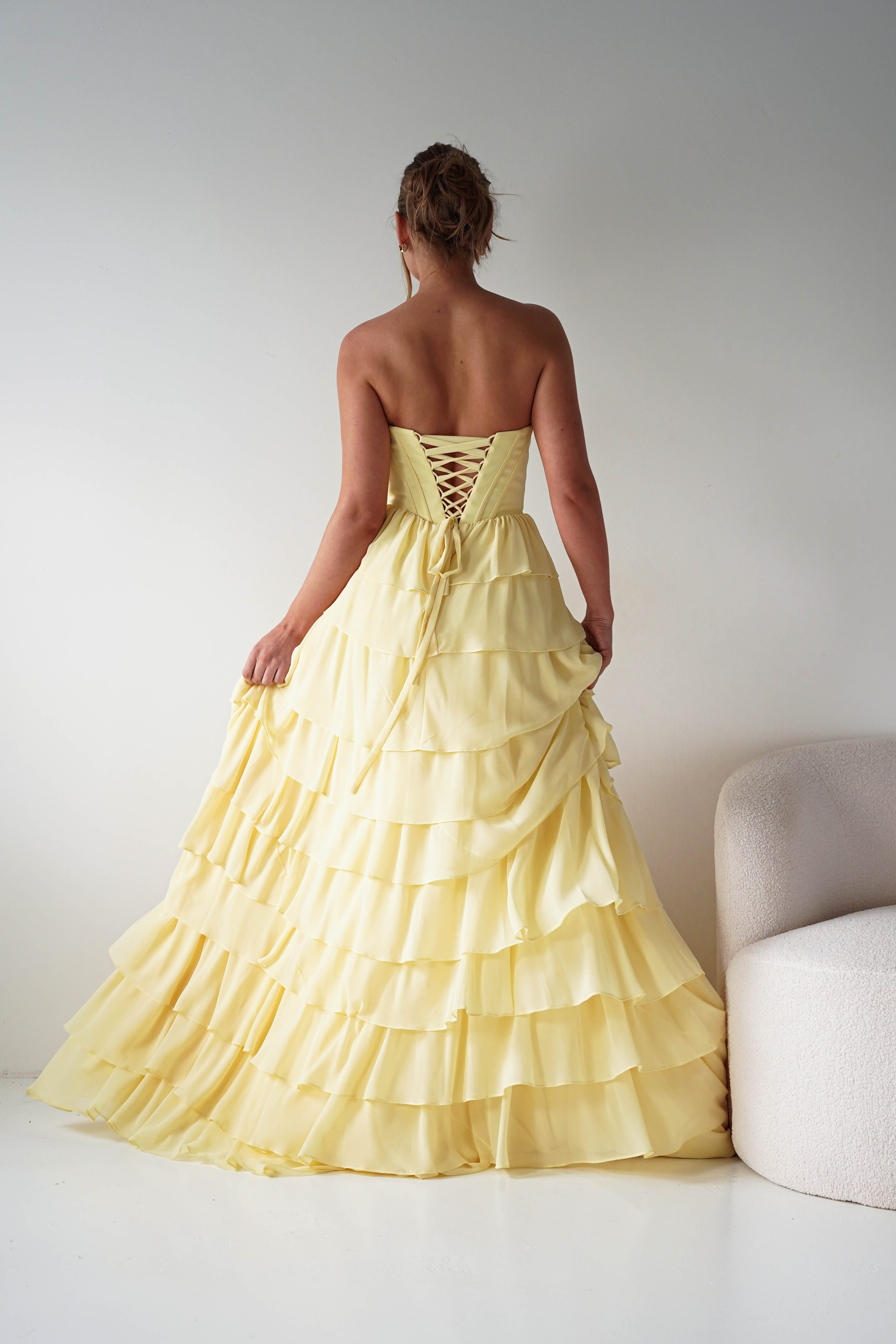 Oh Hello Clothing Women > Clothing > Dresses 1*DONE - Cinderalla-CD402- YELLOW Strapless Embellished Chiffon Tiered Maxi Dress
