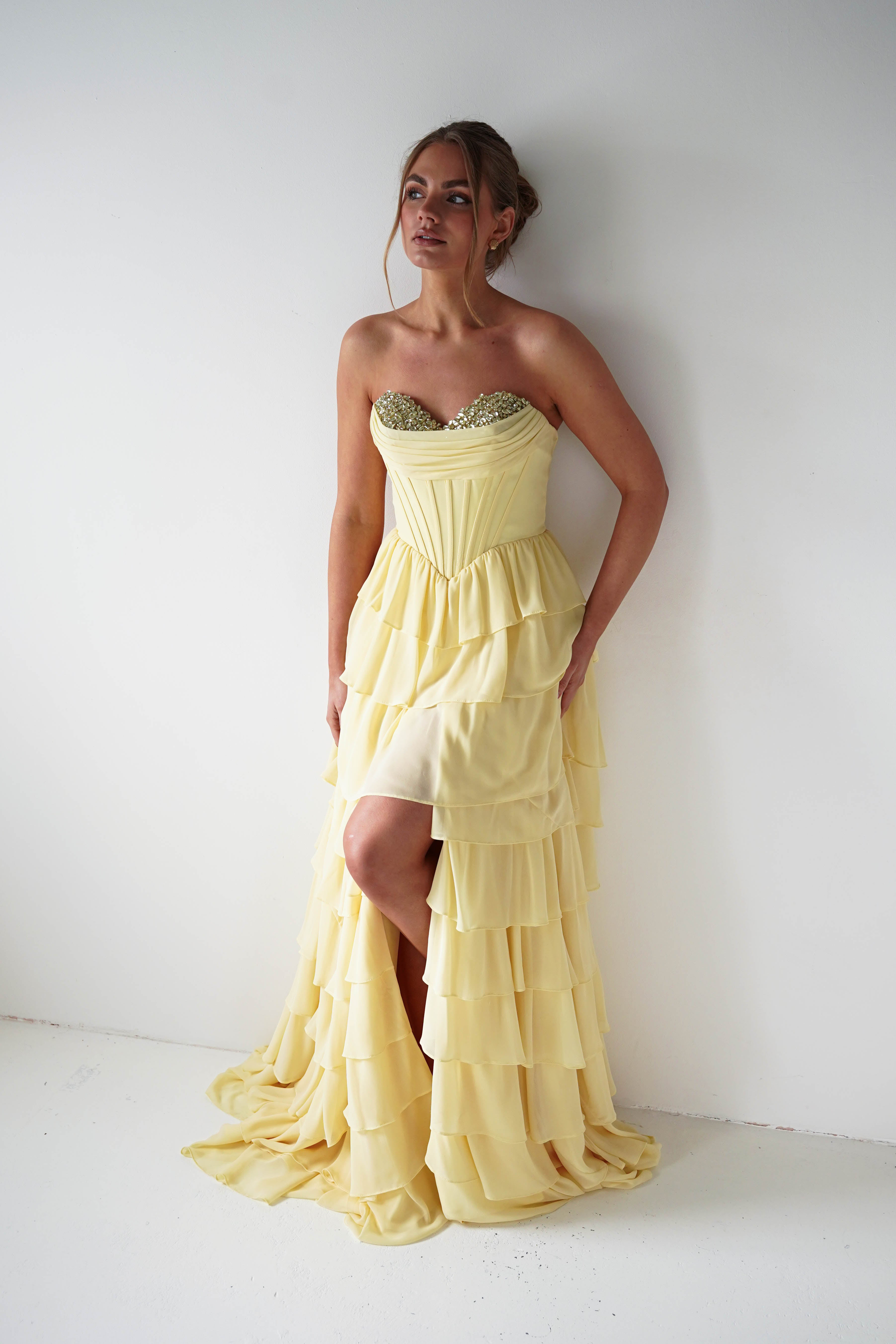Oh Hello Clothing Women > Clothing > Dresses 1*DONE - Cinderalla-CD402- YELLOW Strapless Embellished Chiffon Tiered Maxi Dress
