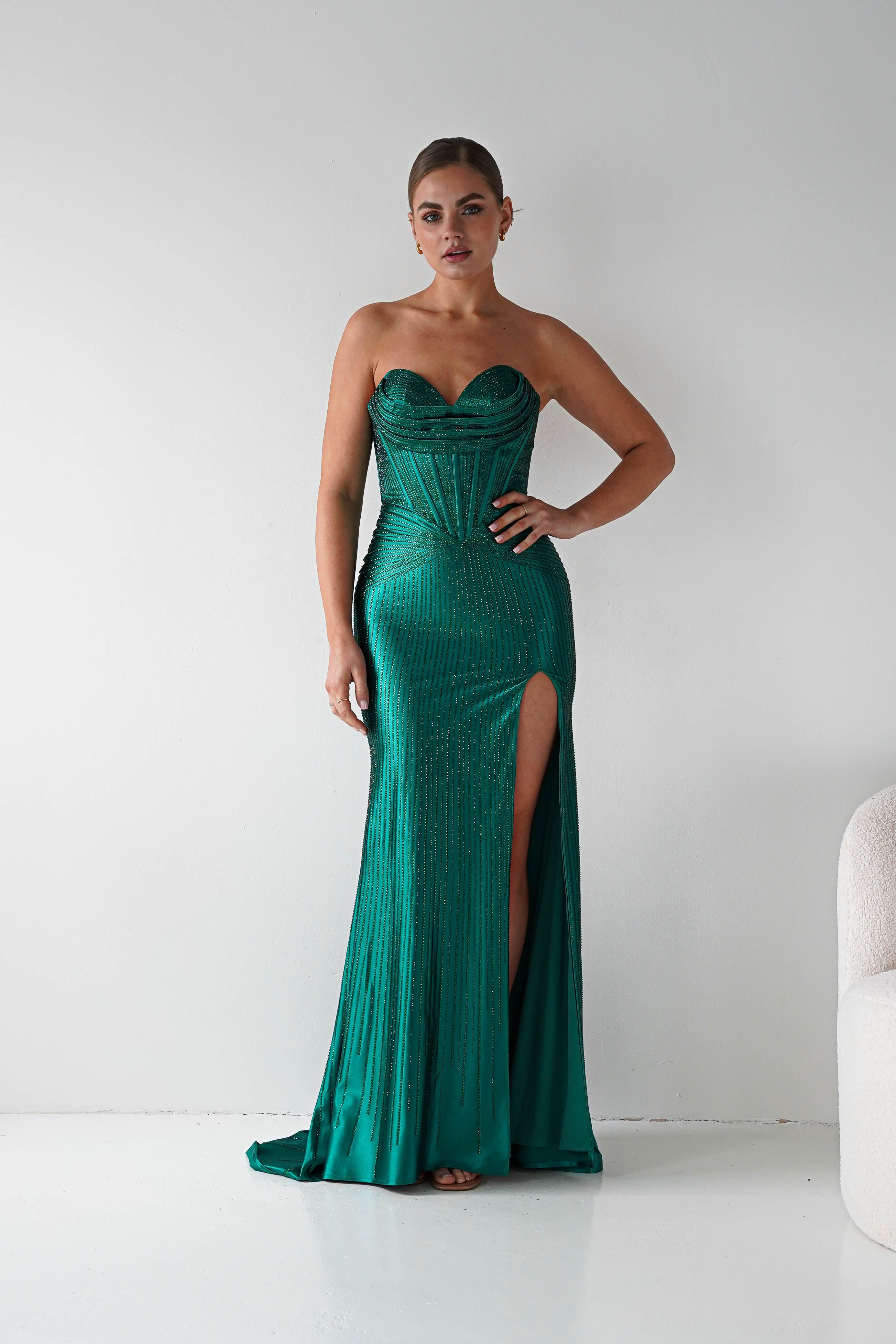 Oh Hello Clothing Women > Clothing > Dresses 1*DONE - Cinderalla-CK918-EMERALD Beaded Strapless Gown with Thigh-High Slit (Copy) (Copy)