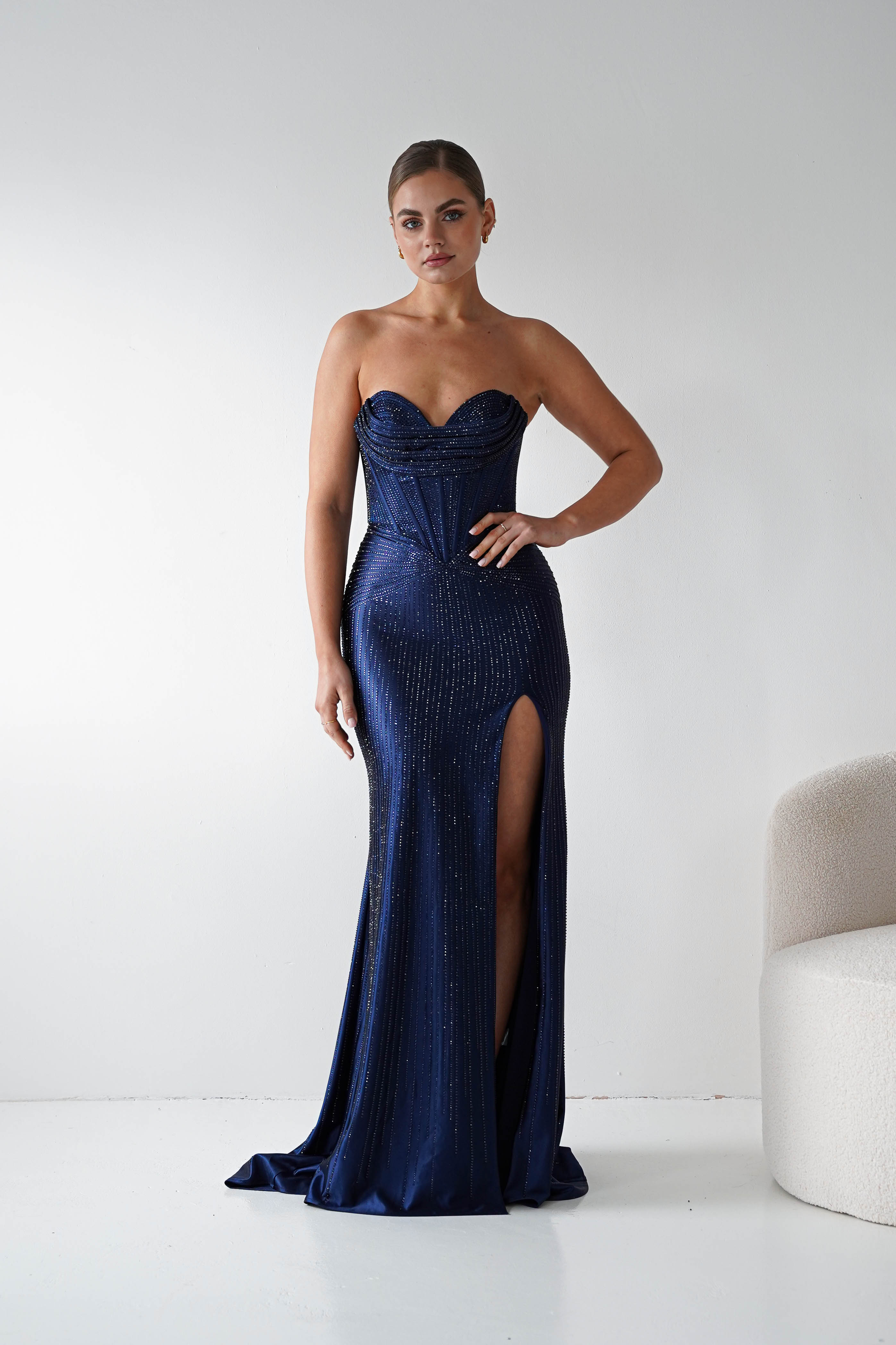 Oh Hello Clothing Women > Clothing > Dresses 1*DONE - Cinderalla-CK918- NAVY Beaded Strapless Gown with Thigh-High Slit (Copy)