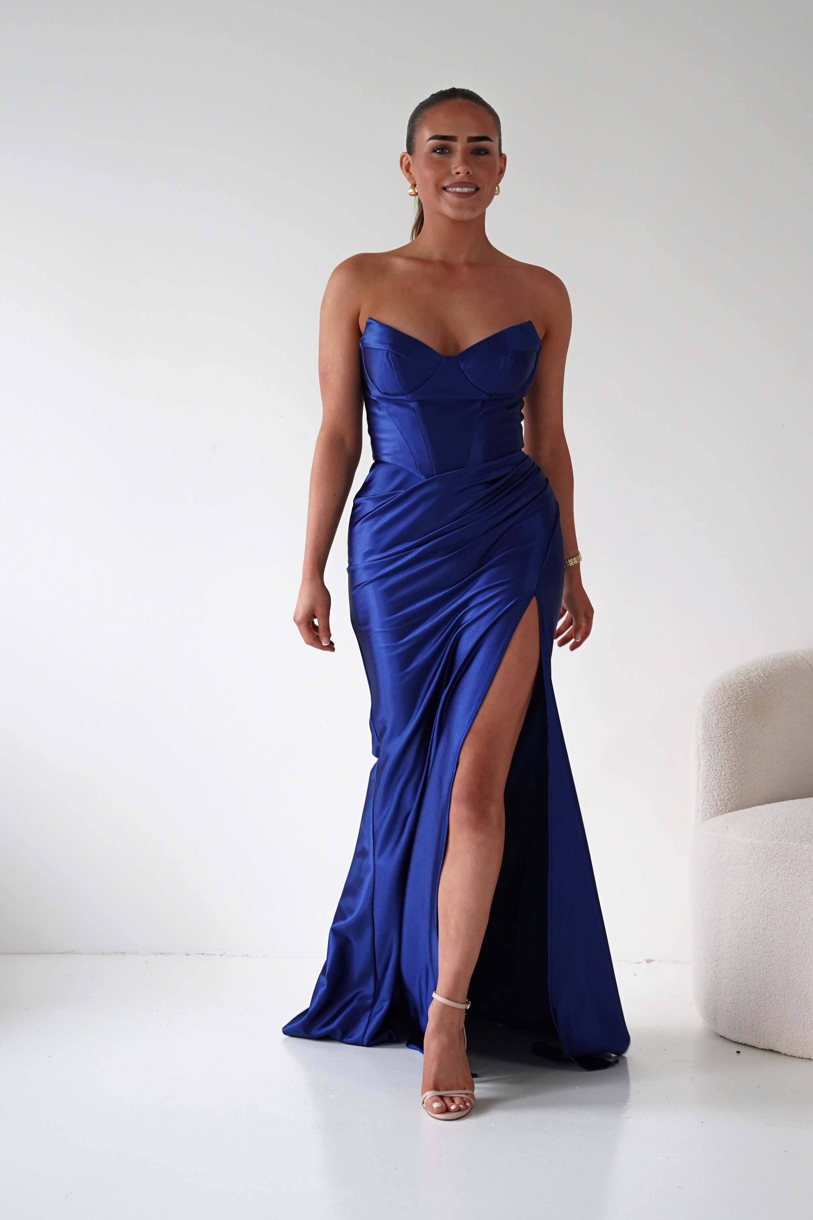 Oh Hello Clothing Women > Clothing > Dresses 1*DONE - Cinderalla-t723-Strapless Satin Maxi Dress with Side Slit in Navy