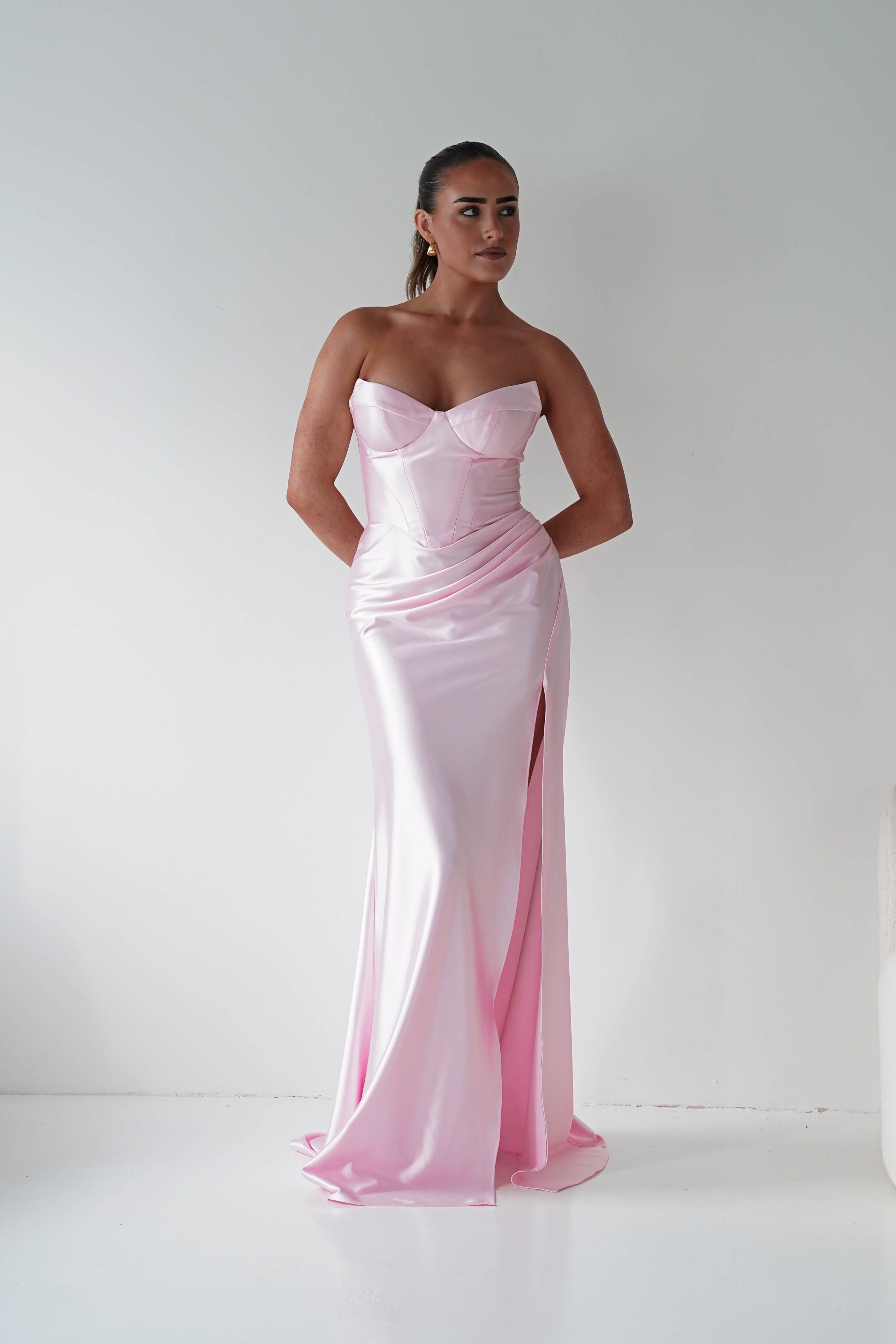 Oh Hello Clothing Women > Clothing > Dresses 1*DONE - Cinderalla-t723-Strapless Satin Maxi Dress with Side Slit in pink Copy)
