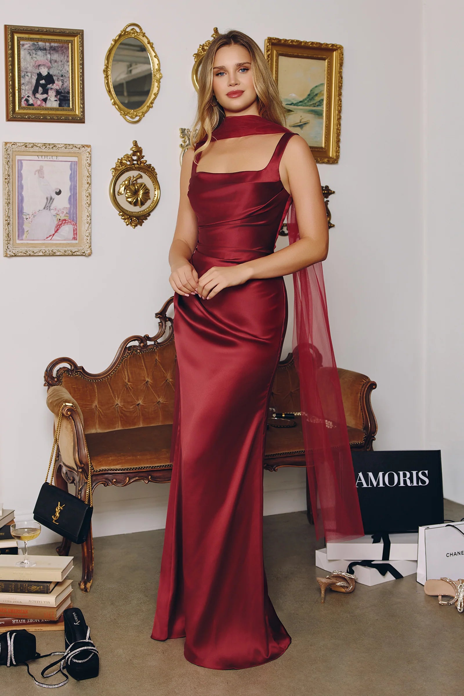 Oh Hello Clothing Women > Clothing > Dresses 1*DONE - Cinderalla-T729- Burgundy Satin Lace-Up Back Gown