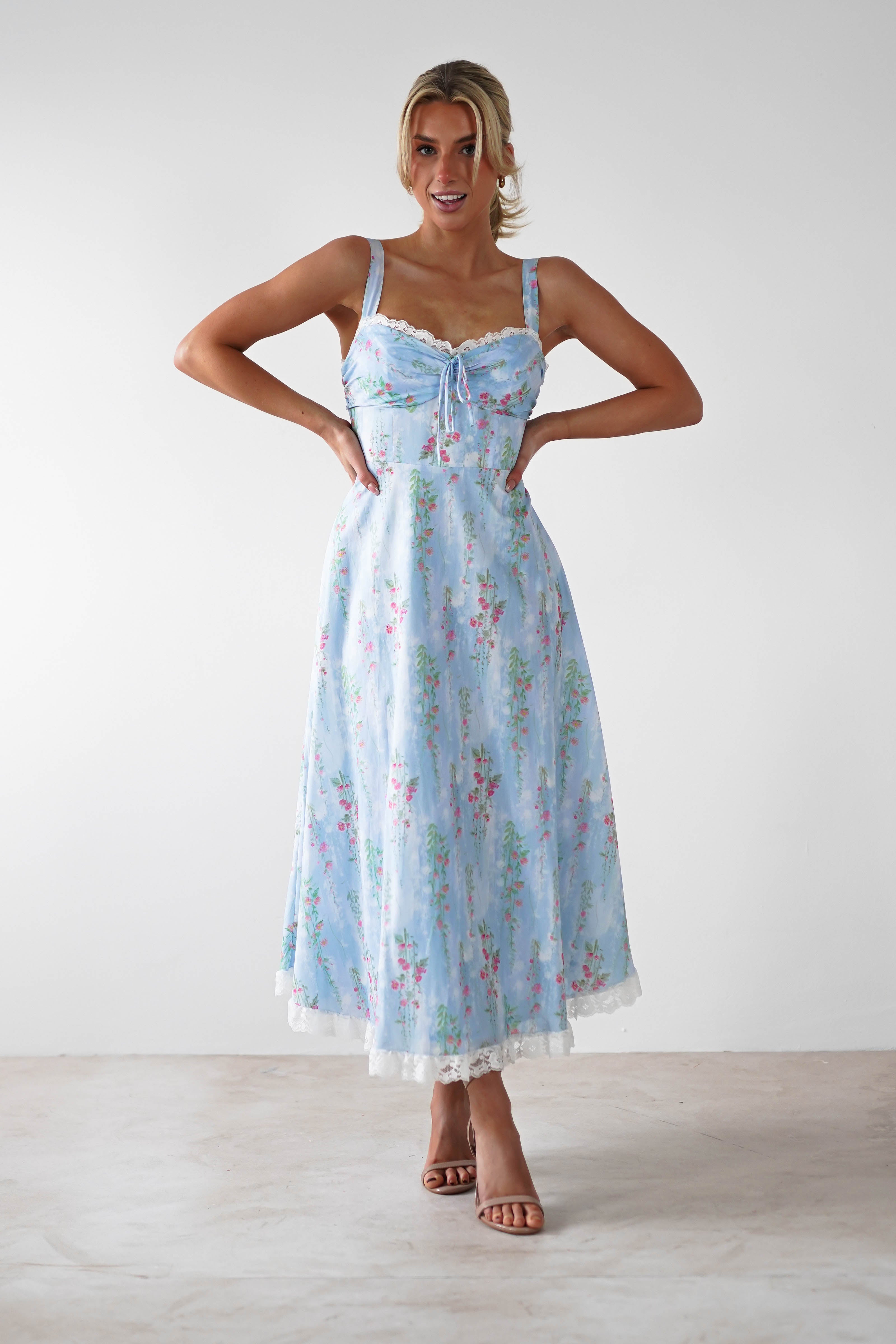 Lanie Skater Floral Cotton Midi Dress Blue | Wedding Guest Dress | Midi | Skater | Oh Hello Clothing