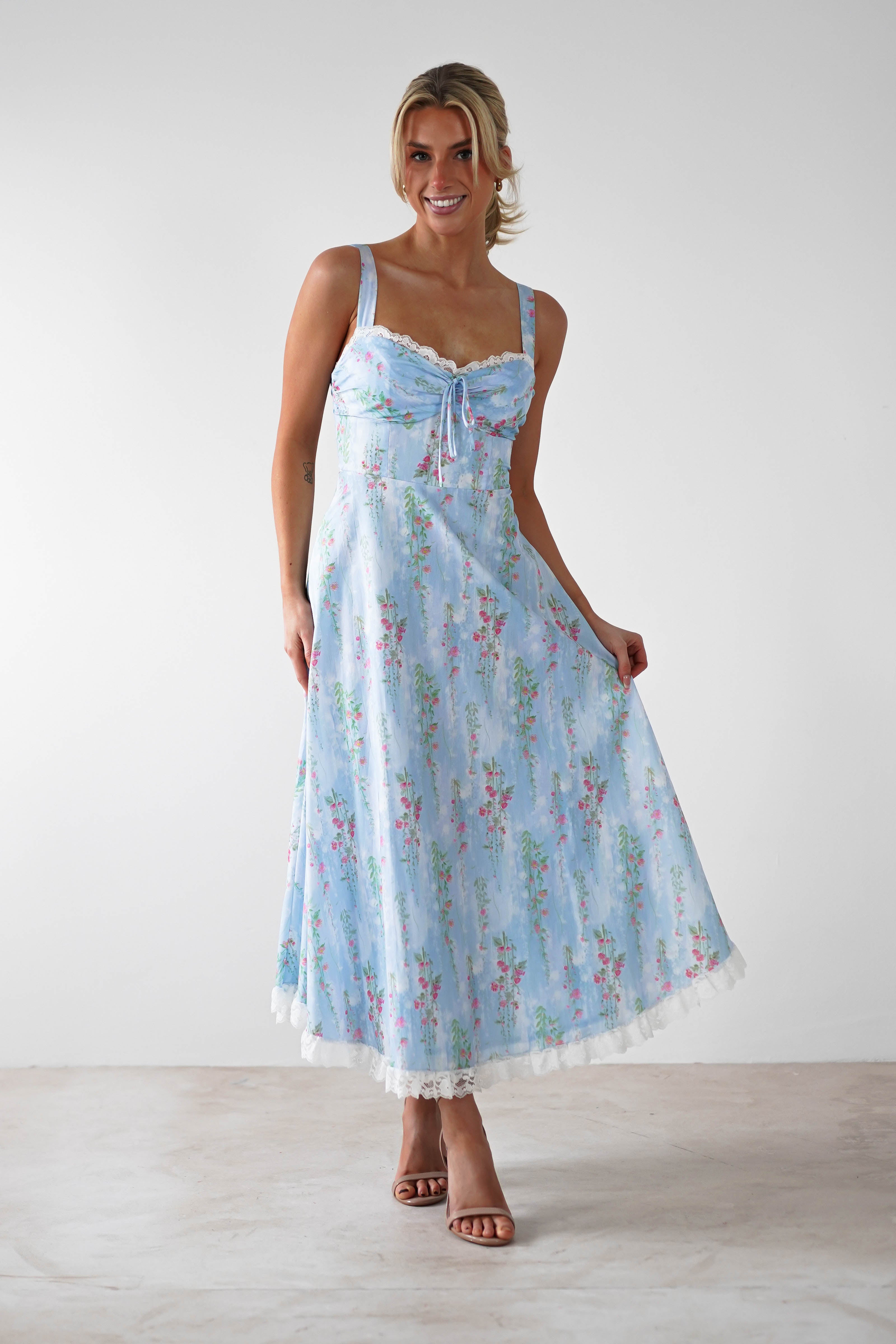Lanie Skater Floral Cotton Midi Dress Blue | Wedding Guest Dress | Midi | Skater | Oh Hello Clothing