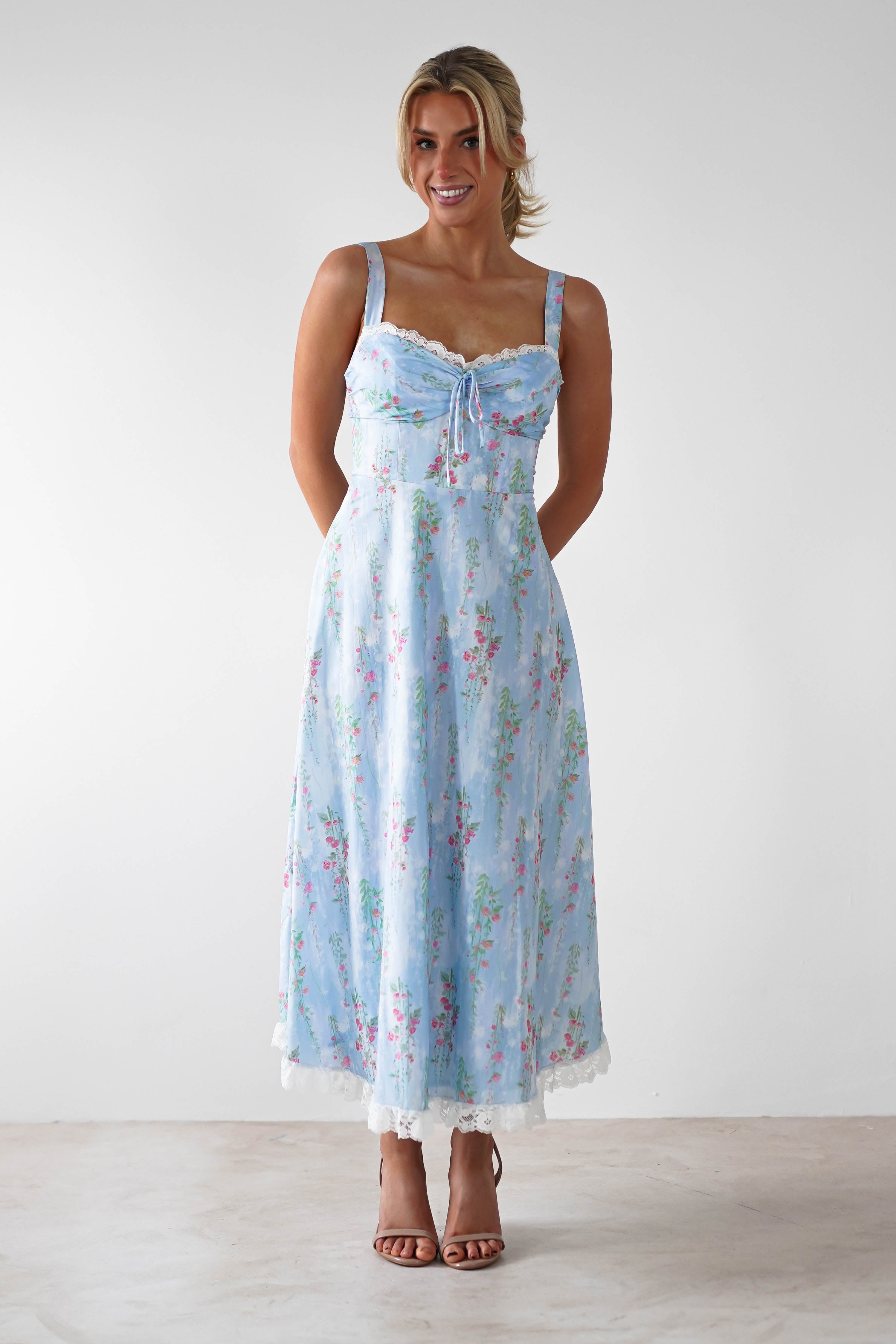 Lanie Skater Floral Cotton Midi Dress Blue | Wedding Guest Dress | Midi | Skater | Oh Hello Clothing