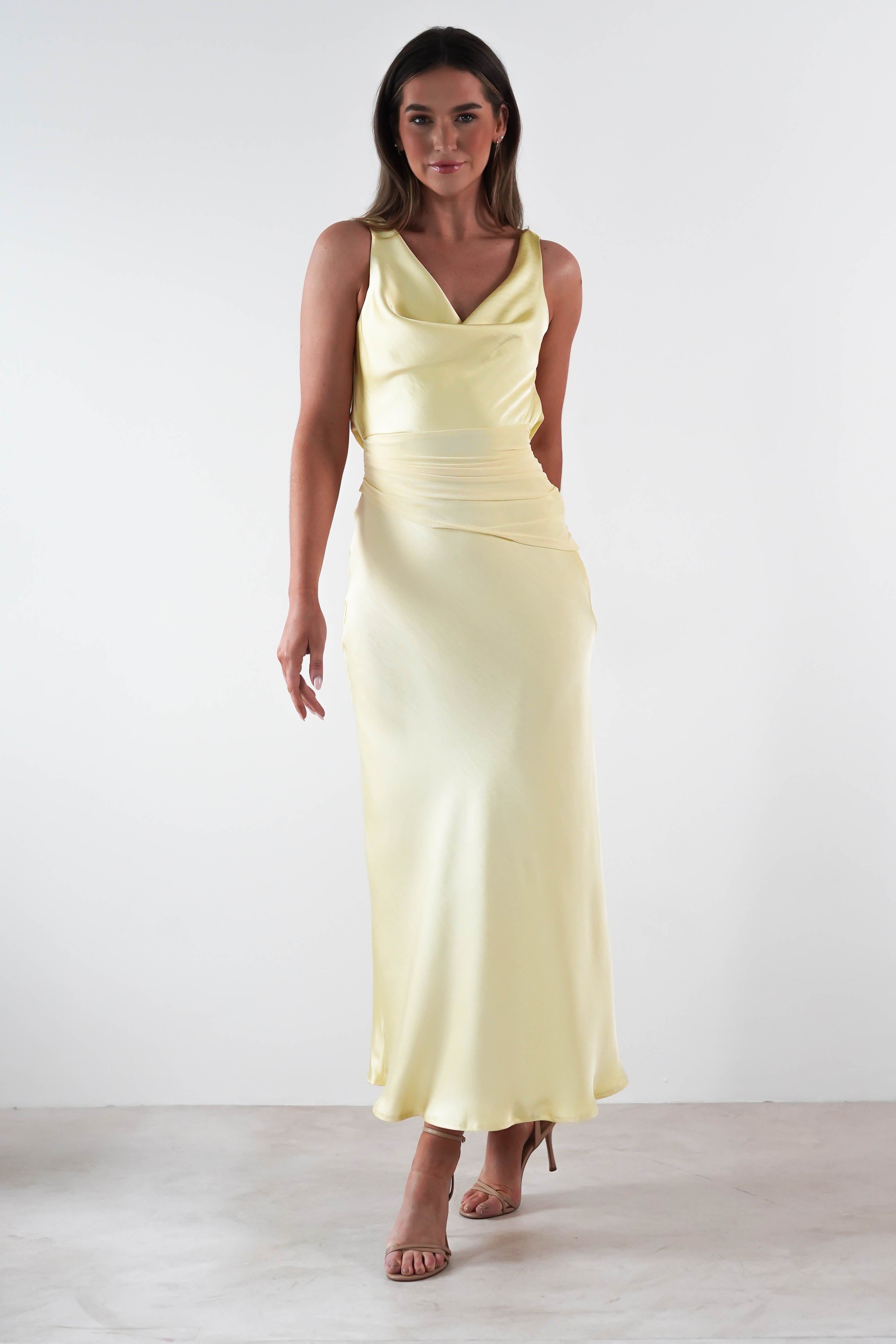 Thea Mesh Midriff Soft Satin Maxi Dress Yellow | Wedding Guest Dress | Maxi | Satin | Oh Hello Clothing