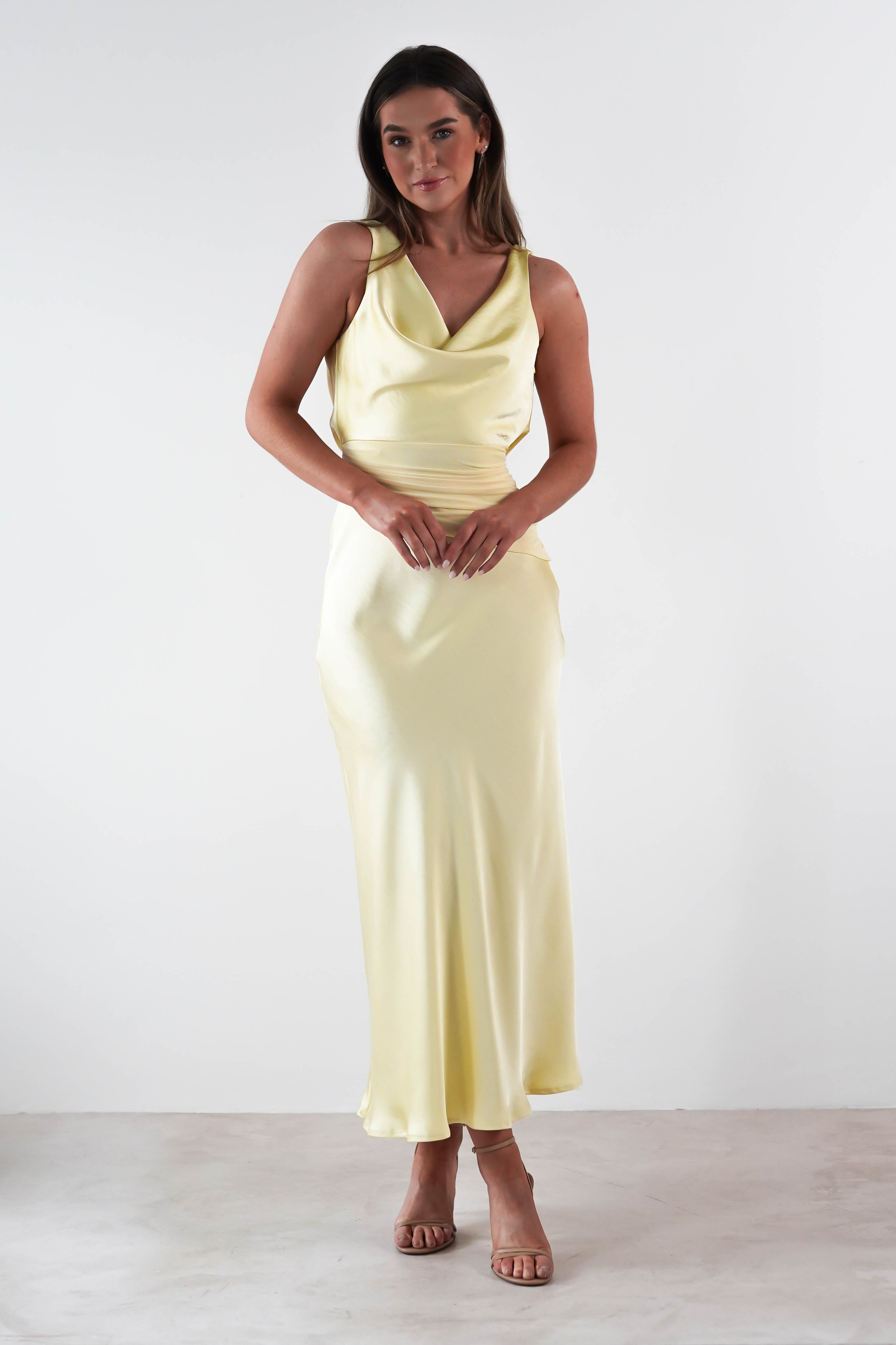 Thea Mesh Midriff Soft Satin Maxi Dress Yellow | Wedding Guest Dress | Maxi | Satin | Oh Hello Clothing