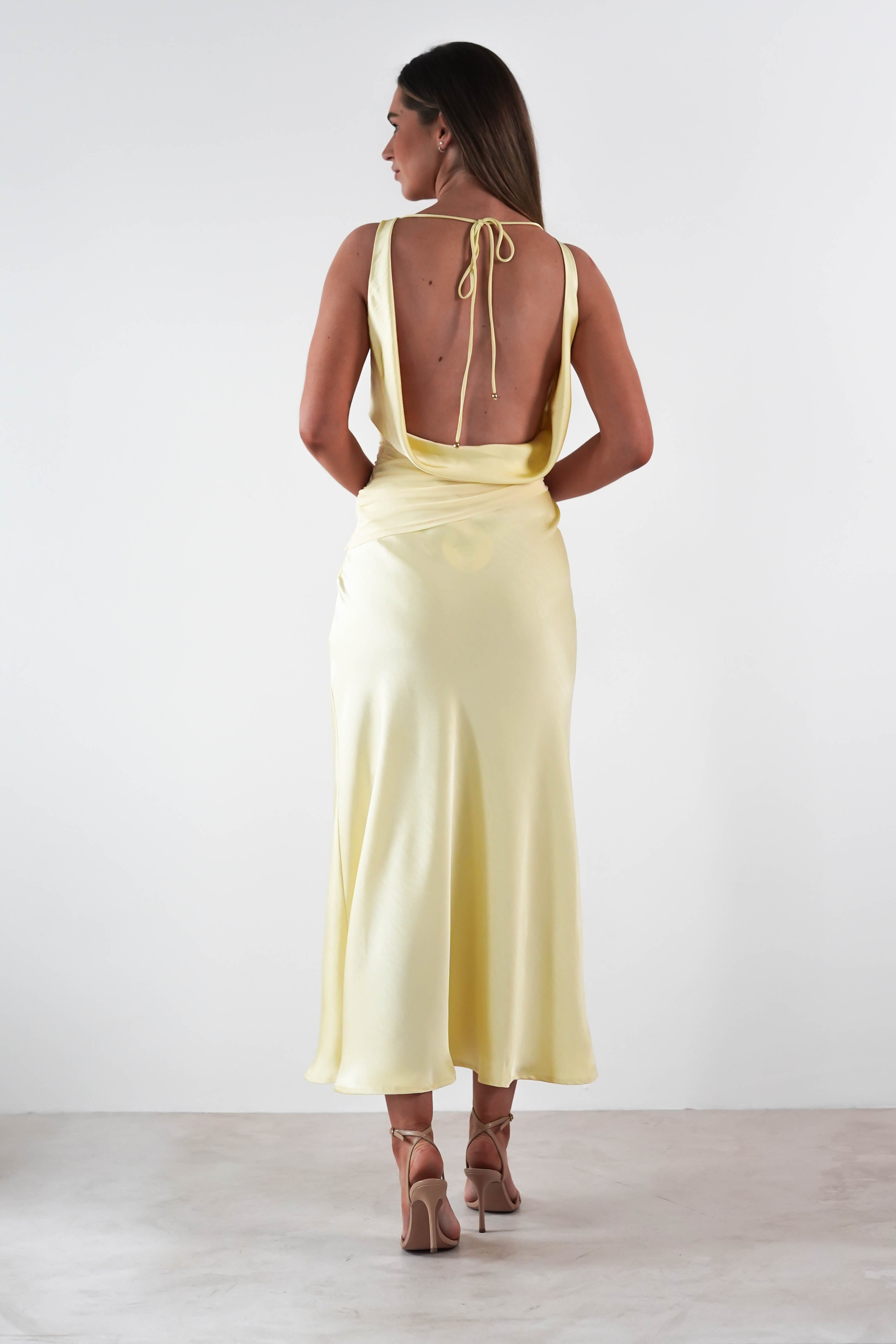 Thea Mesh Midriff Soft Satin Maxi Dress Yellow | Wedding Guest Dress | Maxi | Satin | Oh Hello Clothing