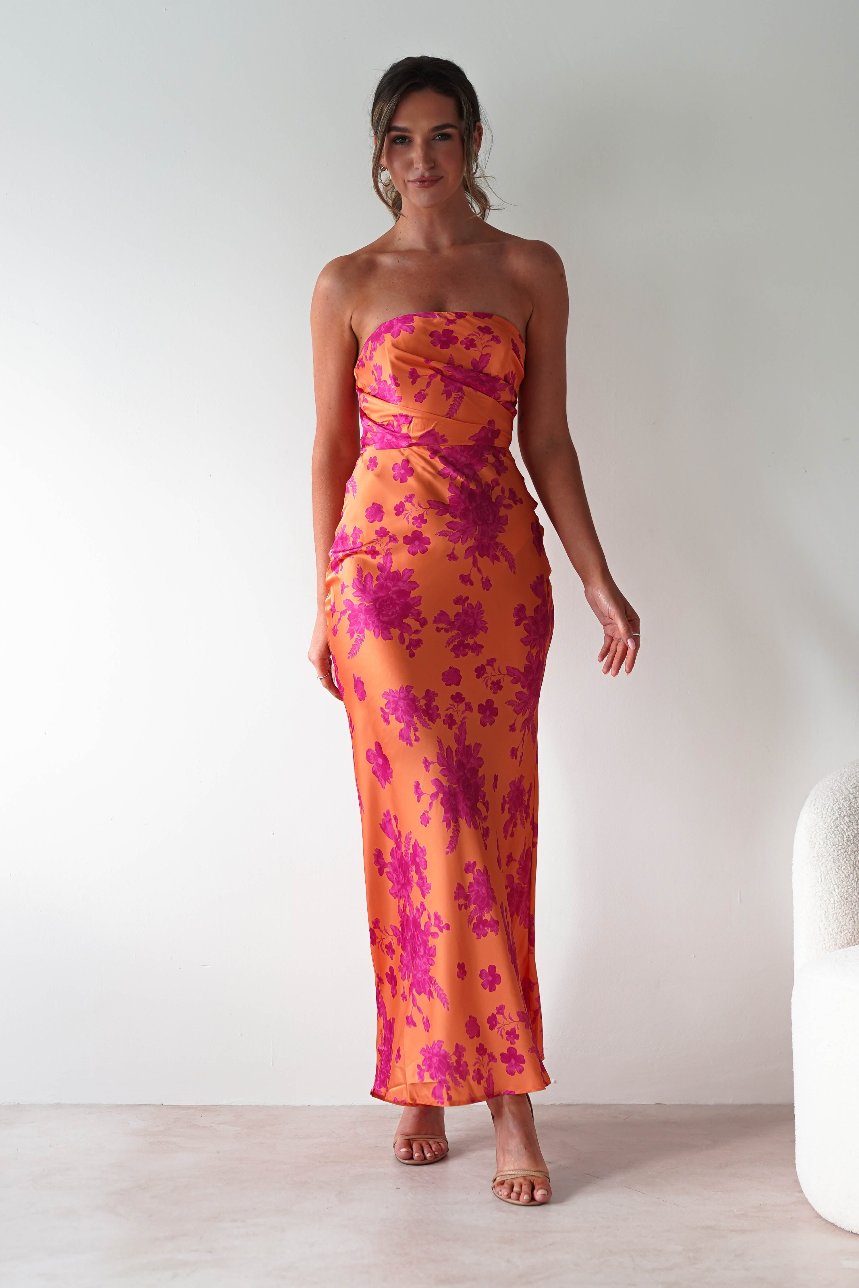 Anthonia Floral Satin Maxi Dress Orange/Pink | Wedding Guest Dress | Maxi | Satin | Oh Hello Clothing