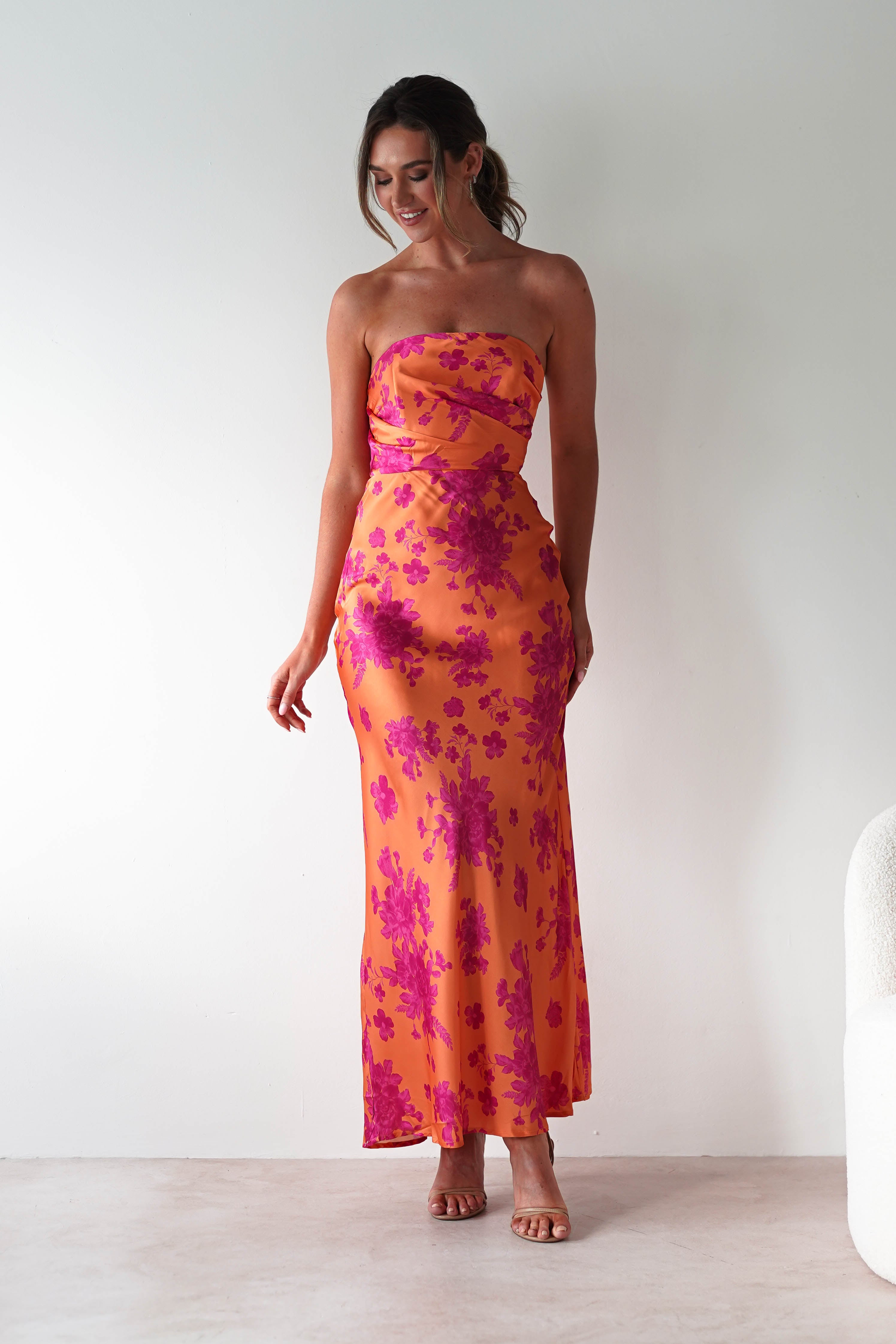 Anthonia Floral Satin Maxi Dress Orange/Pink | Wedding Guest Dress | Maxi | Satin | Oh Hello Clothing
