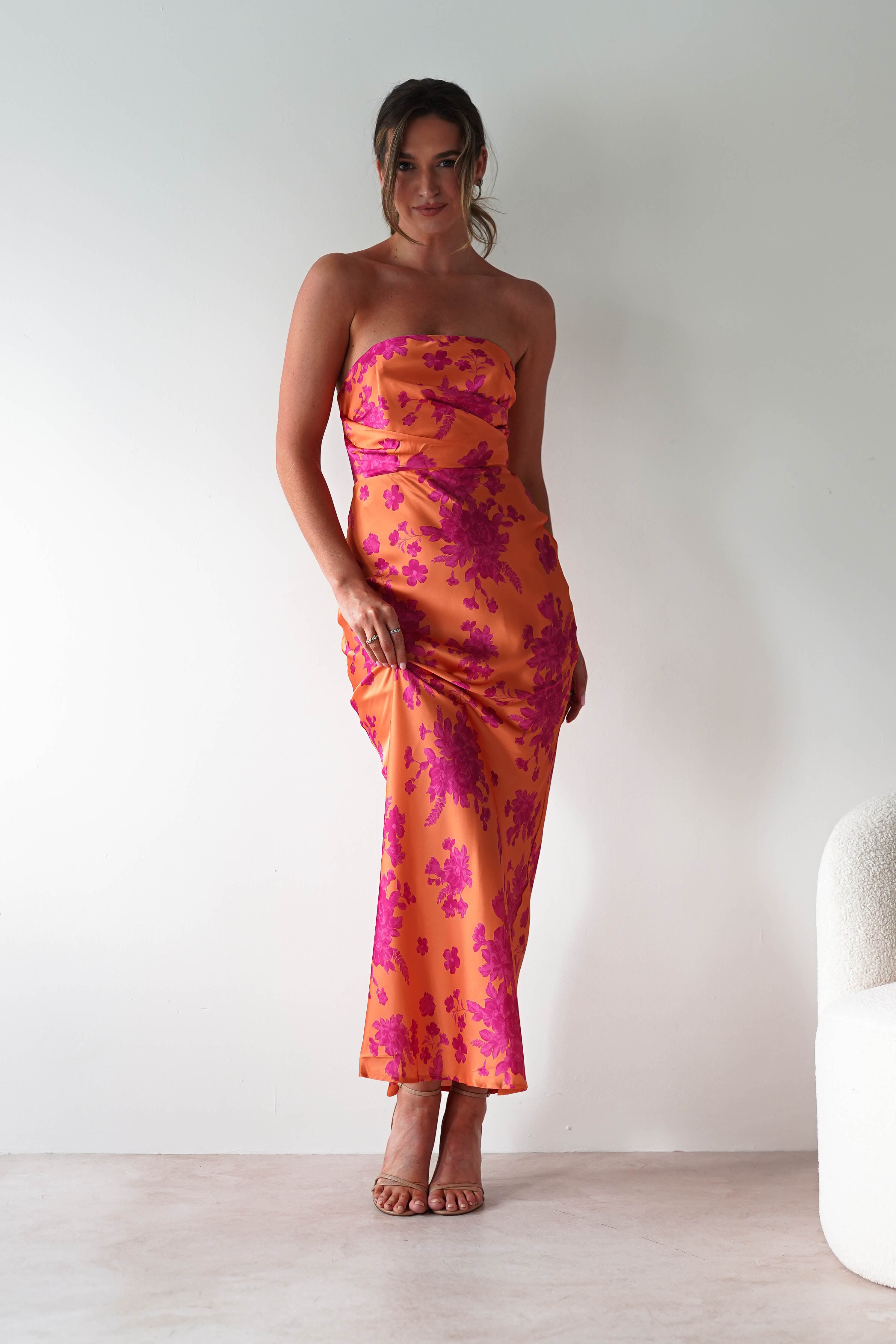 Anthonia Floral Satin Maxi Dress Orange/Pink | Wedding Guest Dress | Maxi | Satin | Oh Hello Clothing