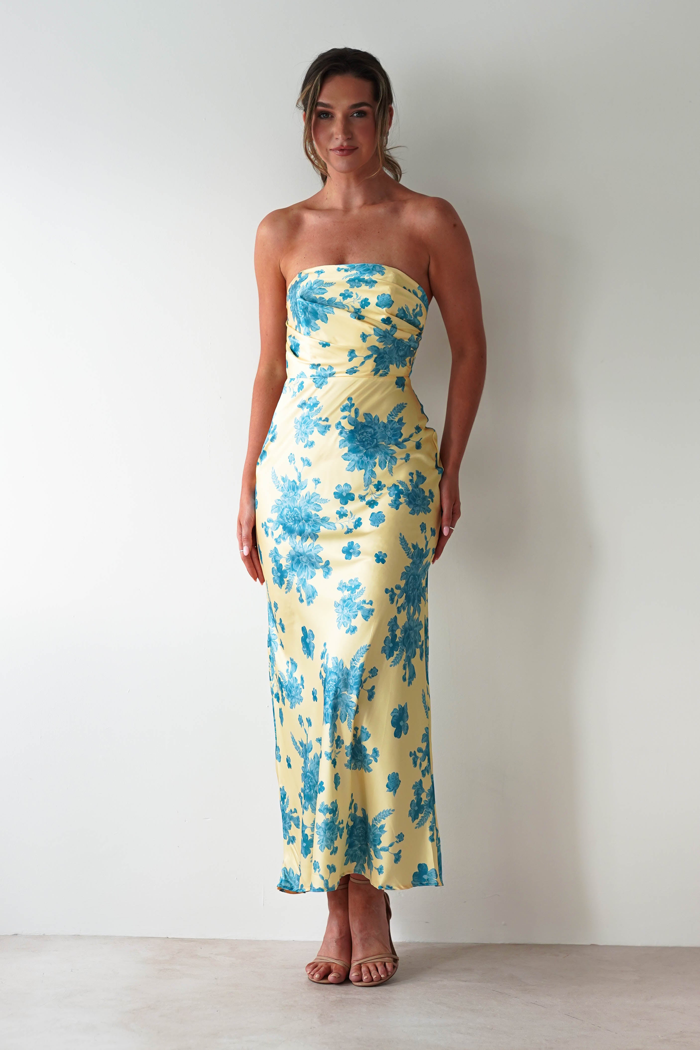 Anthonia Floral Satin Maxi Dress Yellow/Blue | Wedding Guest Dress | Maxi | Satin | Oh Hello Clothing
