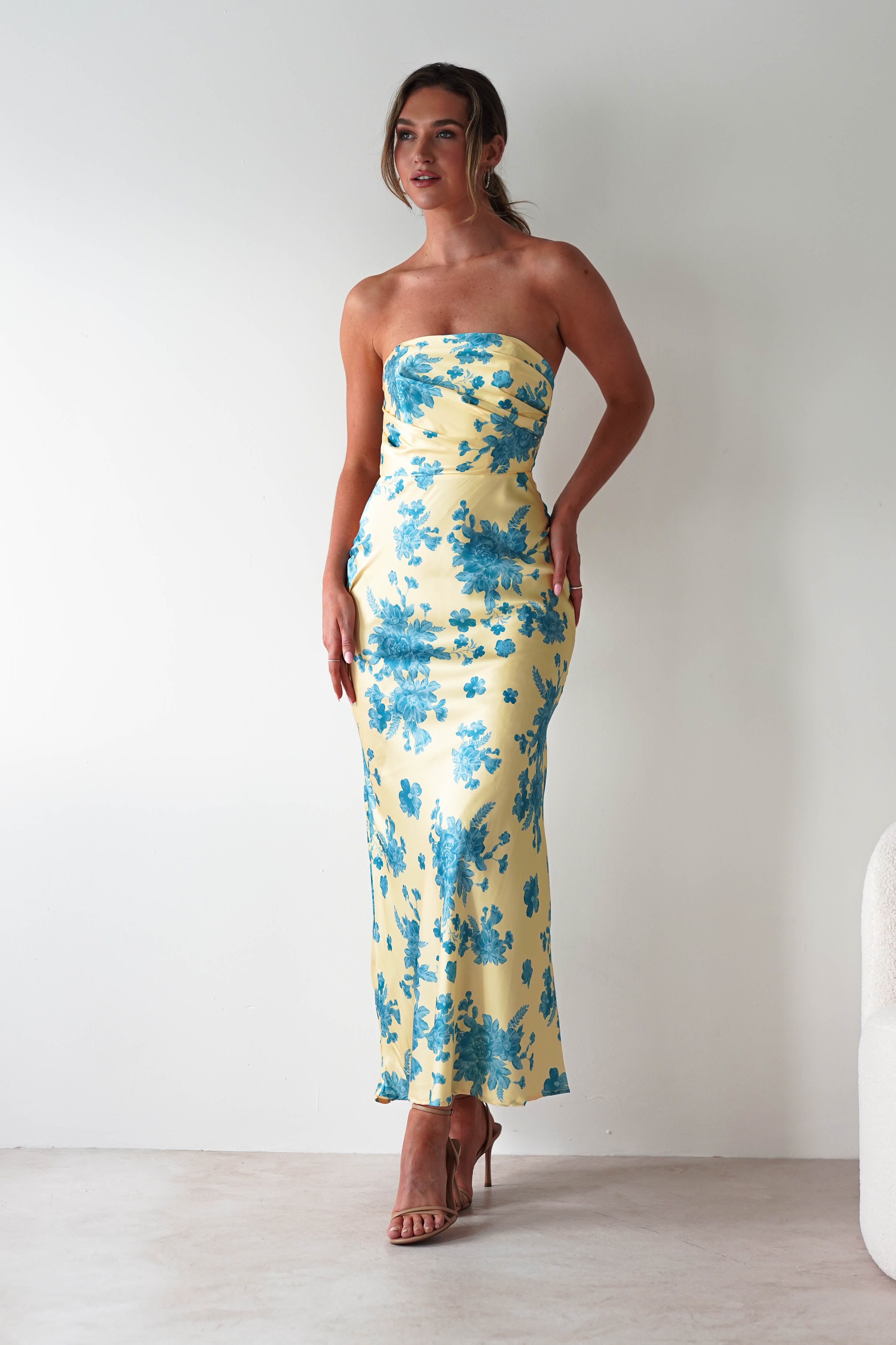 Anthonia Floral Satin Maxi Dress Yellow/Blue | Wedding Guest Dress | Maxi | Satin | Oh Hello Clothing