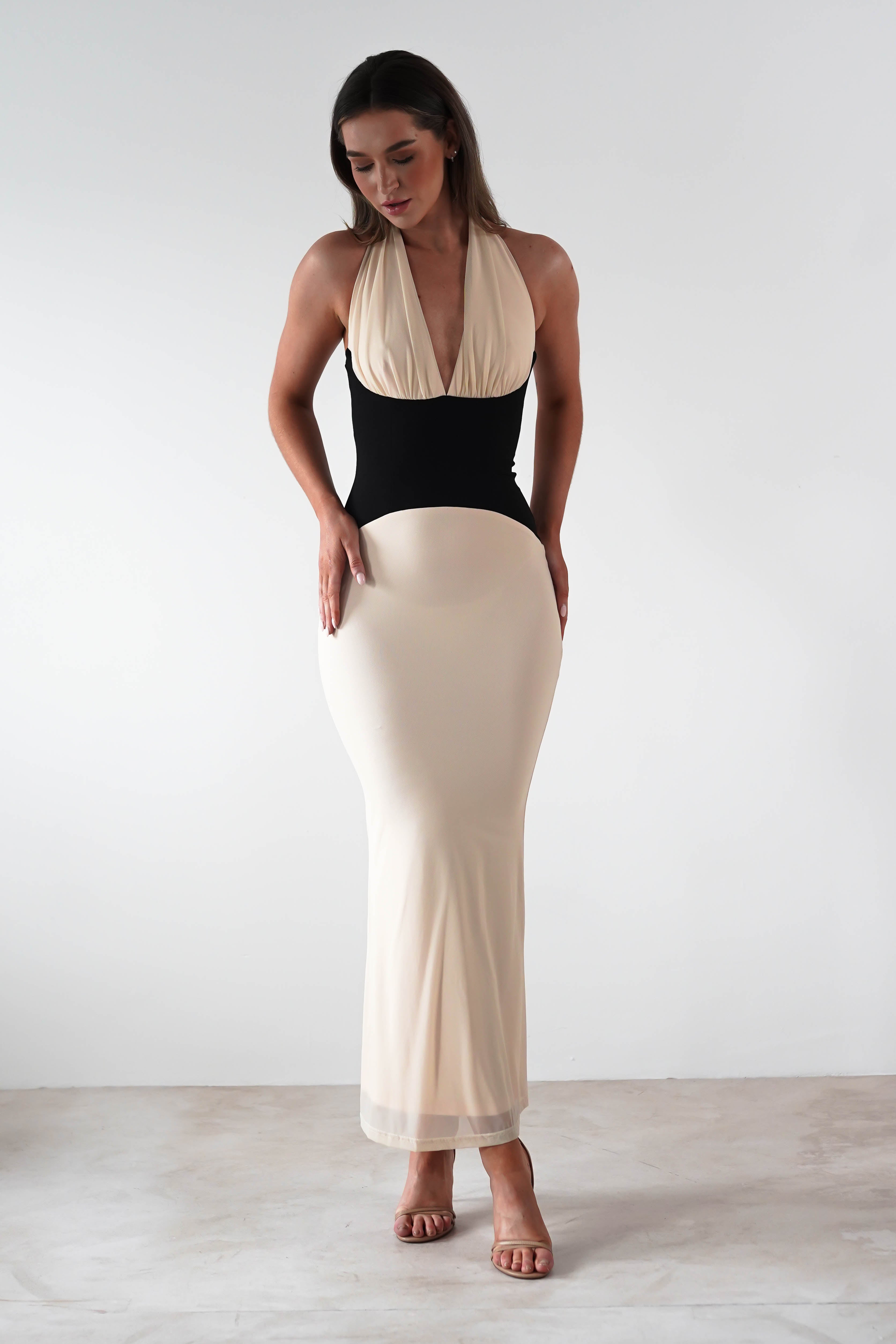 Addae Bodycon Mesh Maxi Dress Beige/Black | Wedding Guest Dress | Bodycon | Maxi | Oh Hello Clothing