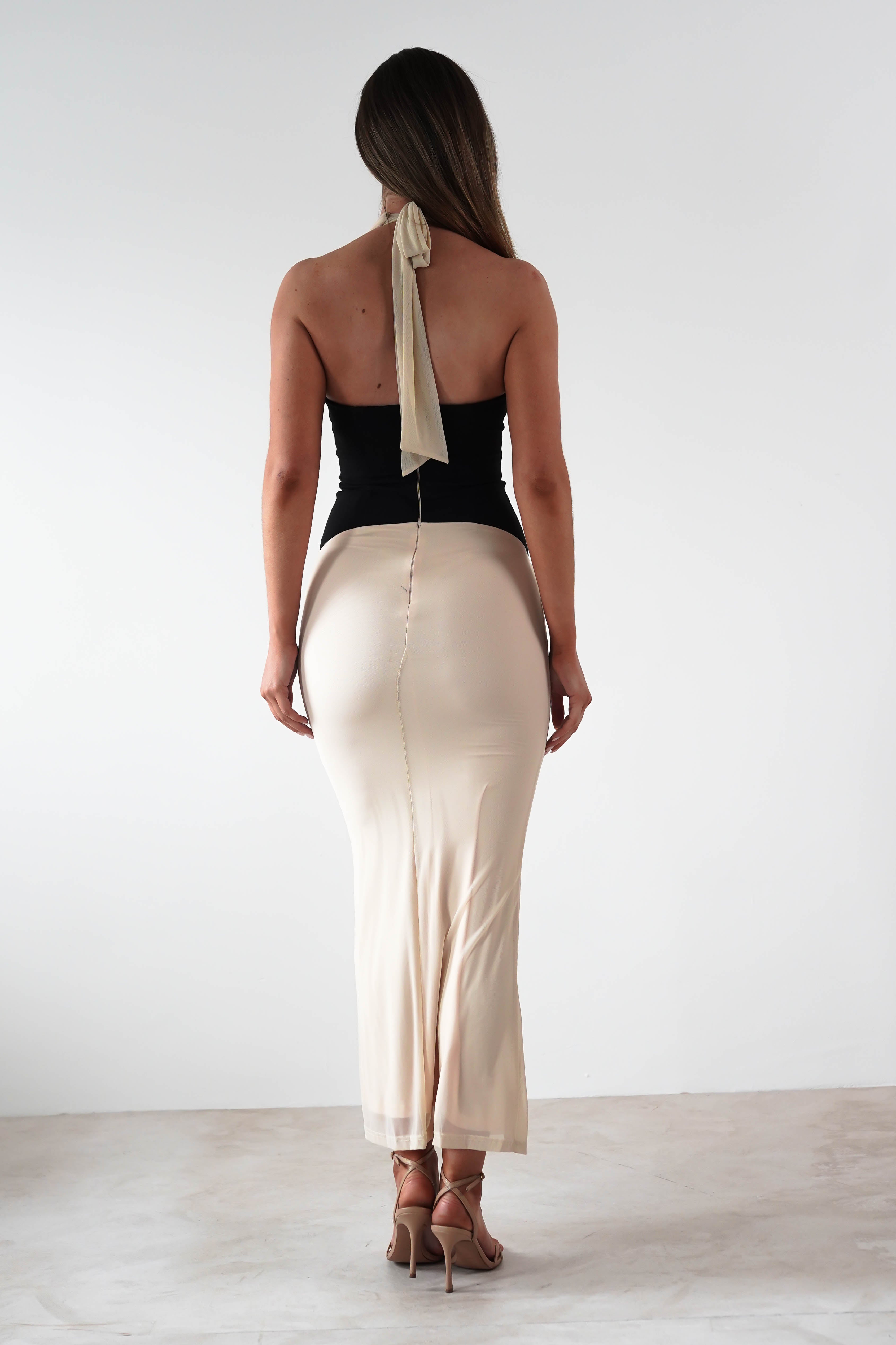 Addae Bodycon Mesh Maxi Dress Beige/Black | Wedding Guest Dress | Bodycon | Maxi | Oh Hello Clothing