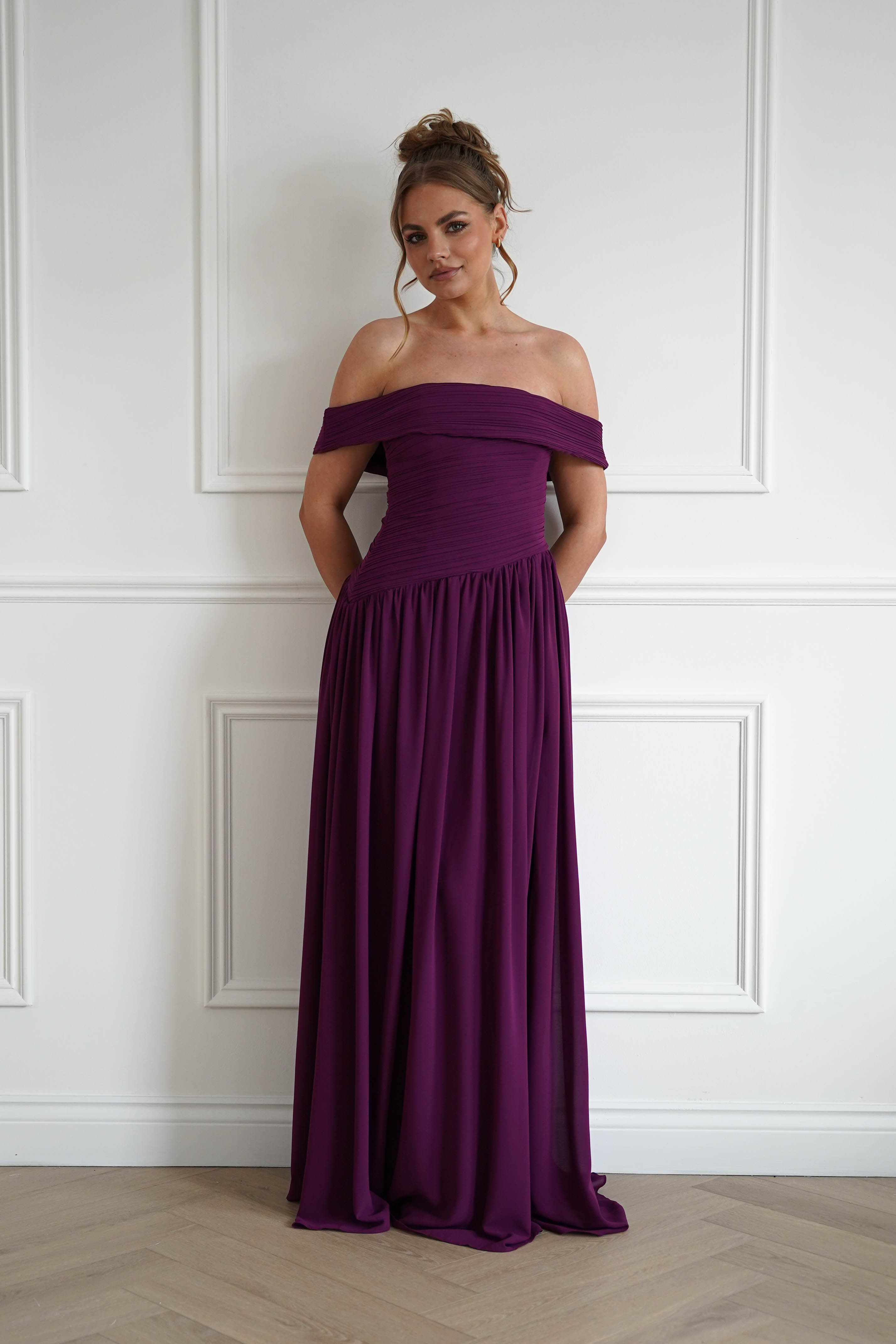 Oh Hello Clothing Women > Clothing > Dresses 1*DONE-Connie Off The Shoulder Chiffon Maxi Dress | Plum