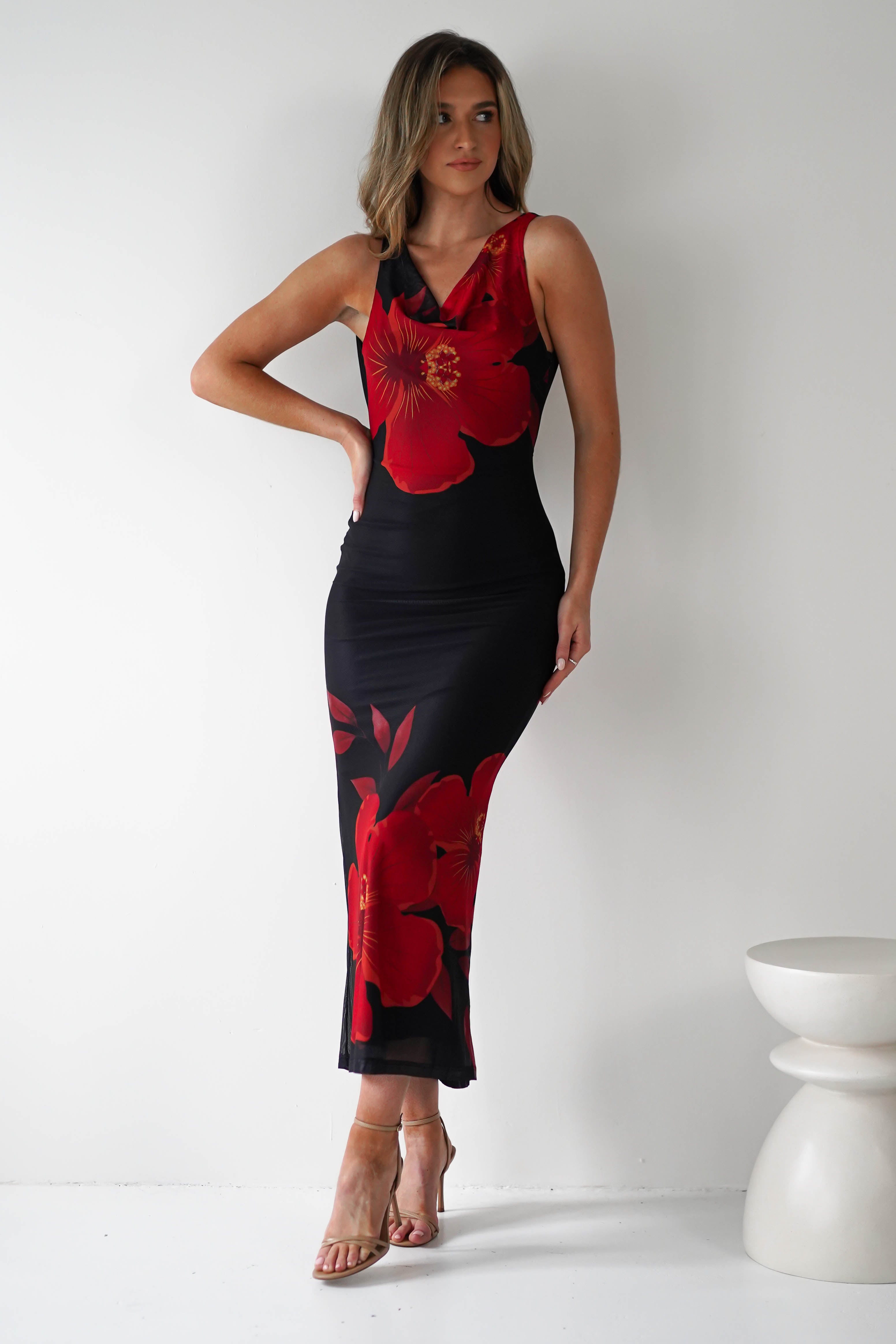 Meadow Mesh Maxi Dress Black/Red | Wedding Guest Dress | Maxi | Mesh | Oh Hello Clothing