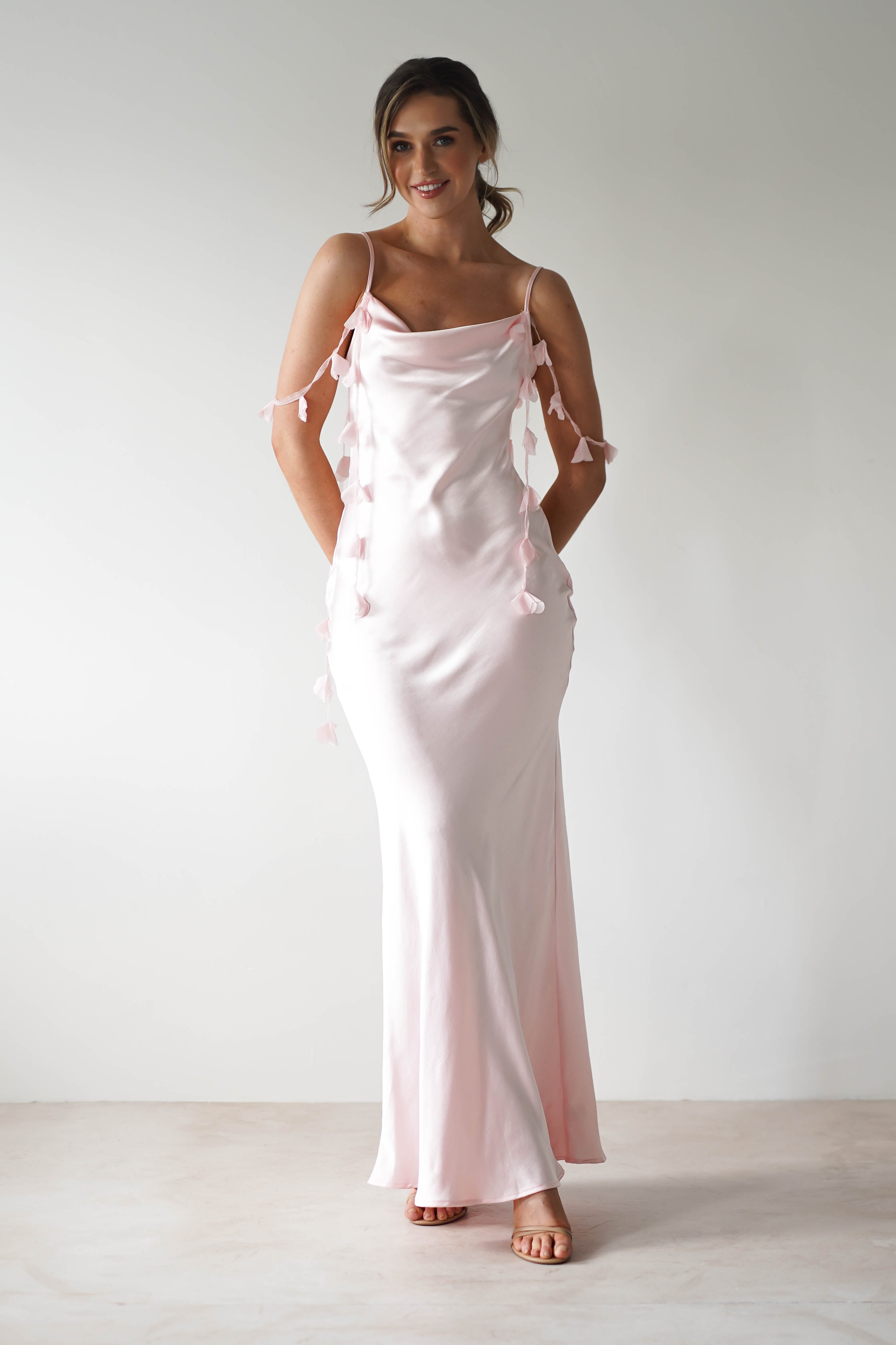 Daisy Cowl Neckline Satin Maxi Dress Light Pink | Wedding Guest Dress | Cowl Neck | Maxi | Oh Hello Clothing