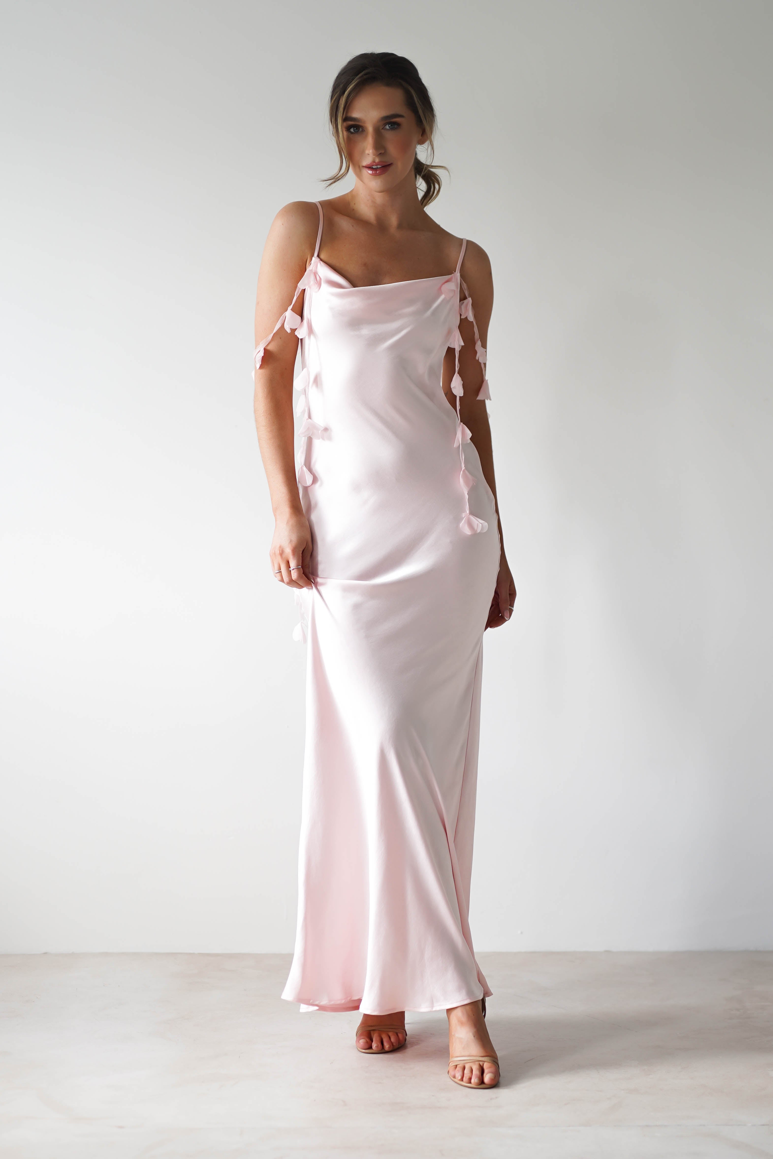 Daisy Cowl Neckline Satin Maxi Dress Light Pink | Wedding Guest Dress | Cowl Neck | Maxi | Oh Hello Clothing