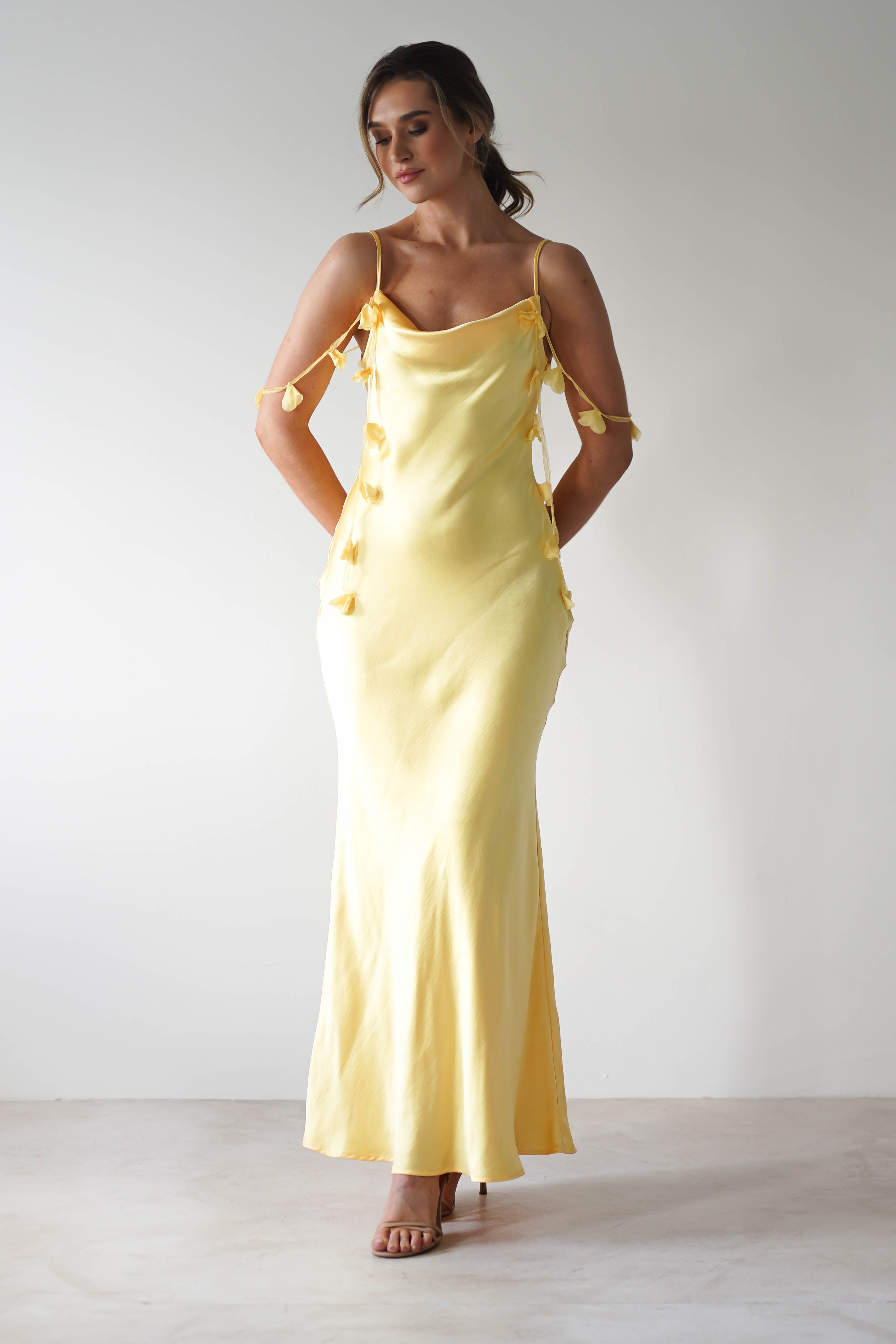 Daisy Cowl Neckline Satin Maxi Dress Yellow | Wedding Guest Dress | Cowl Neck | Maxi | Oh Hello Clothing