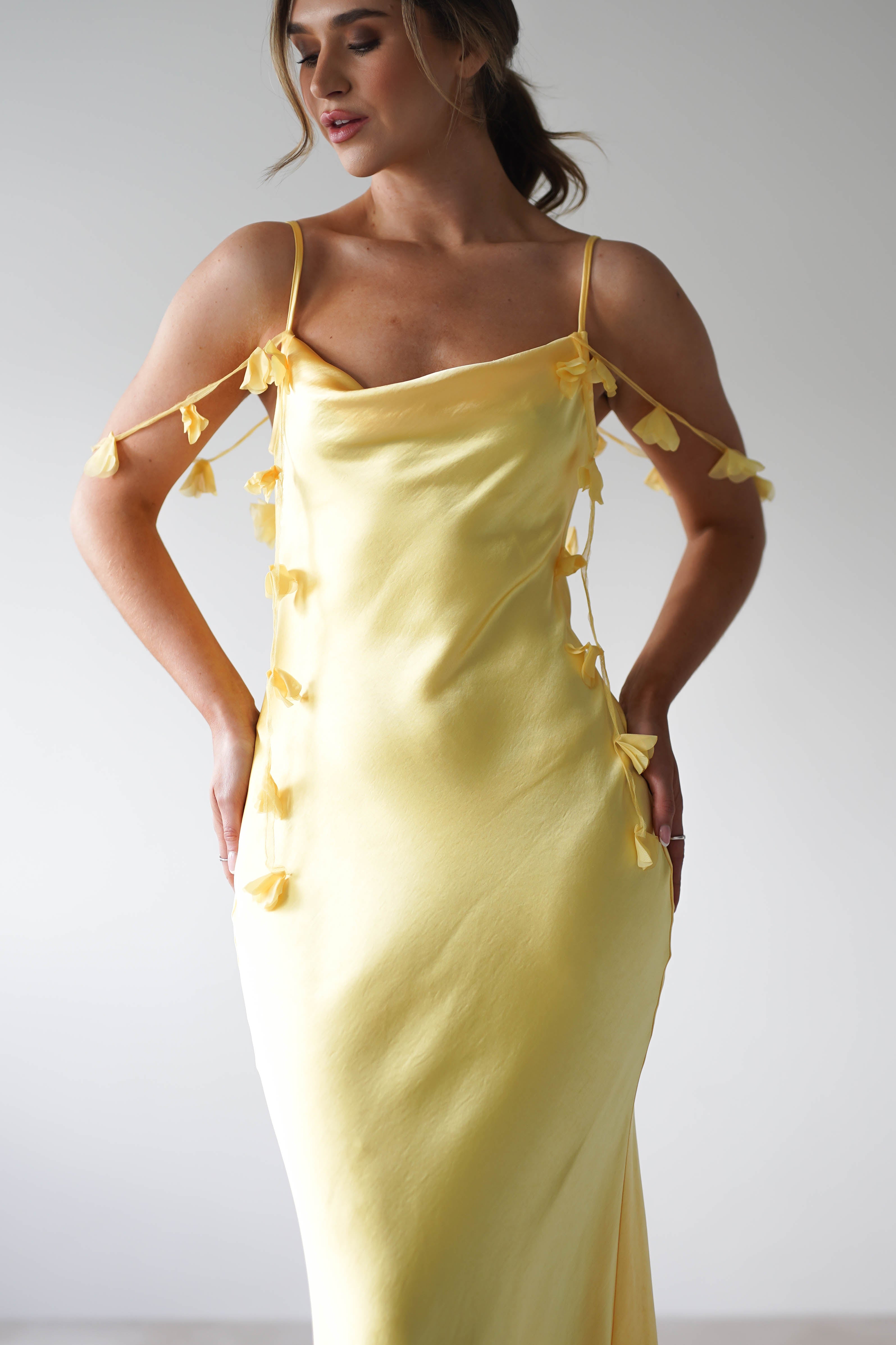Daisy Cowl Neckline Satin Maxi Dress Yellow | Wedding Guest Dress | Cowl Neck | Maxi | Oh Hello Clothing