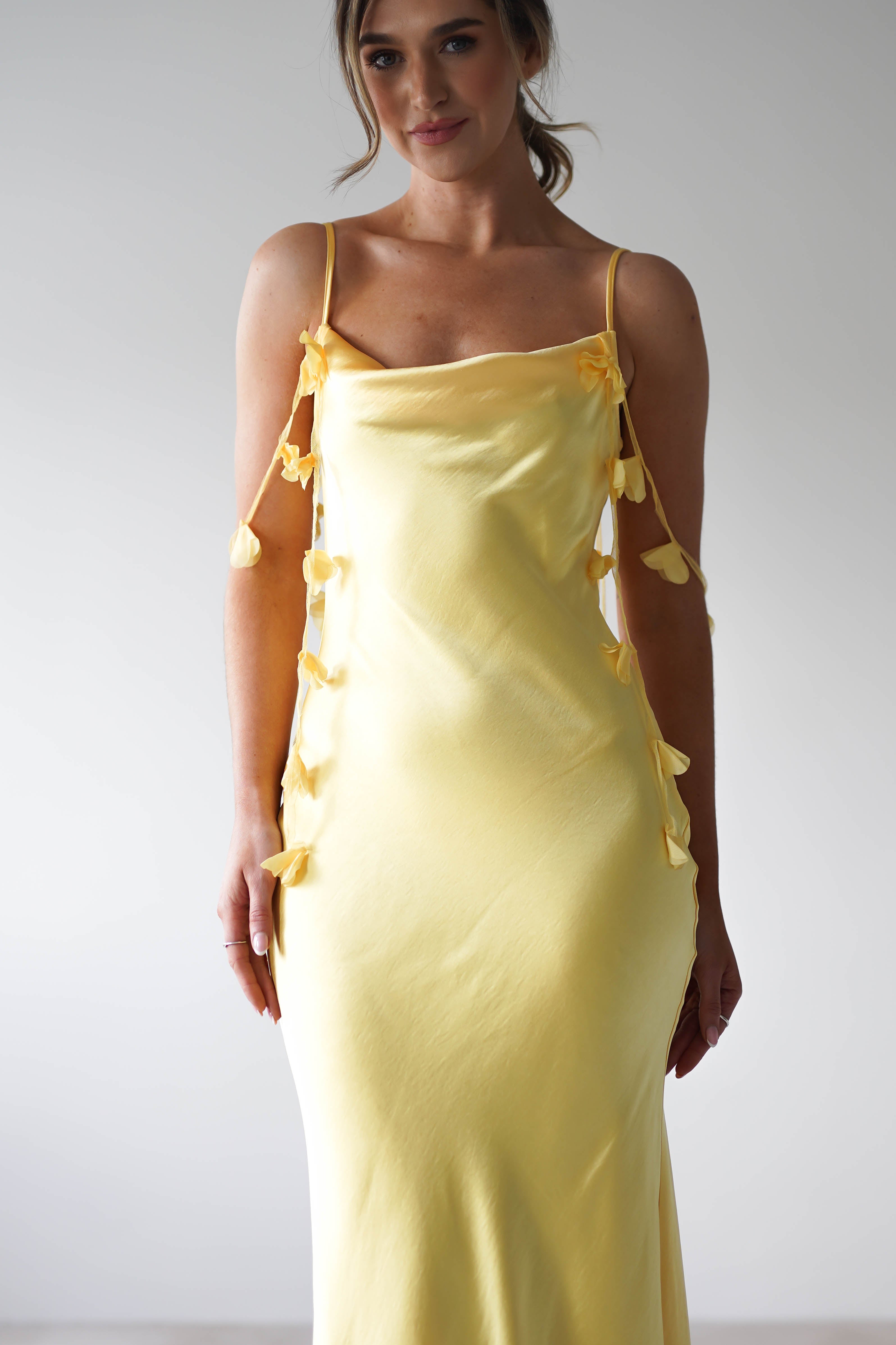 Daisy Cowl Neckline Satin Maxi Dress Yellow | Wedding Guest Dress | Cowl Neck | Maxi | Oh Hello Clothing