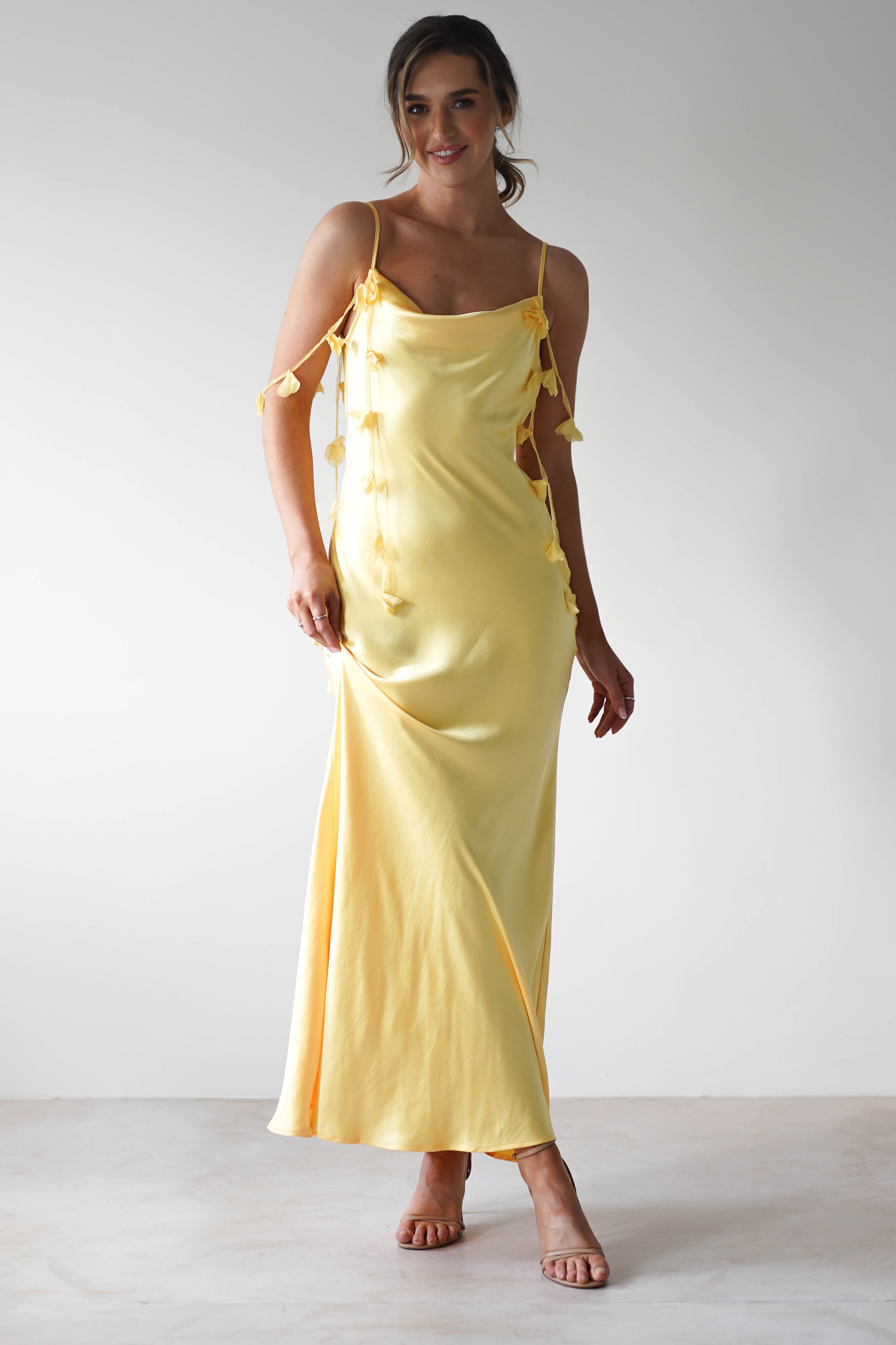 Daisy Cowl Neckline Satin Maxi Dress Yellow | Wedding Guest Dress | Cowl Neck | Maxi | Oh Hello Clothing