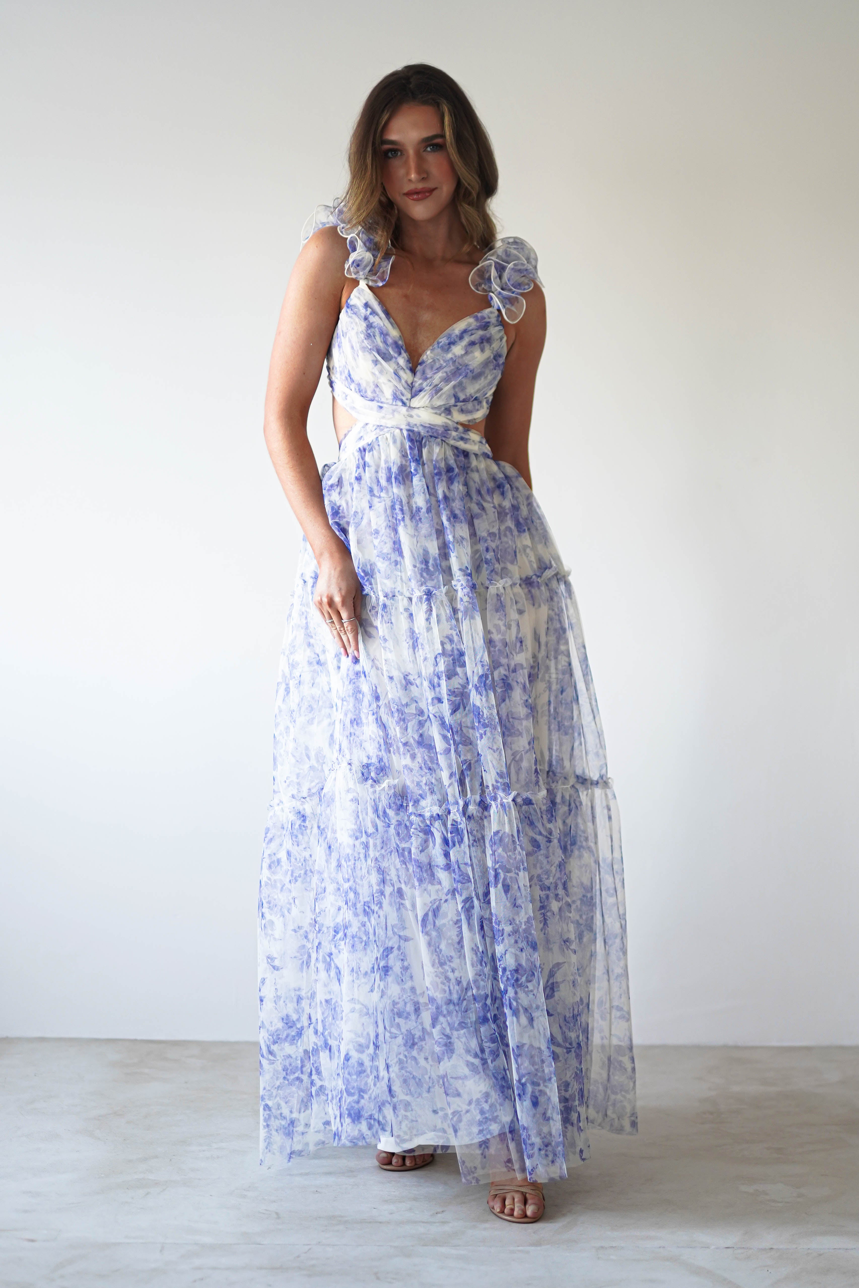 Lauren Floral Tulle Maxi Dress Blue/White | Wedding Guest Dress | Maxi | Oh Hello Clothing