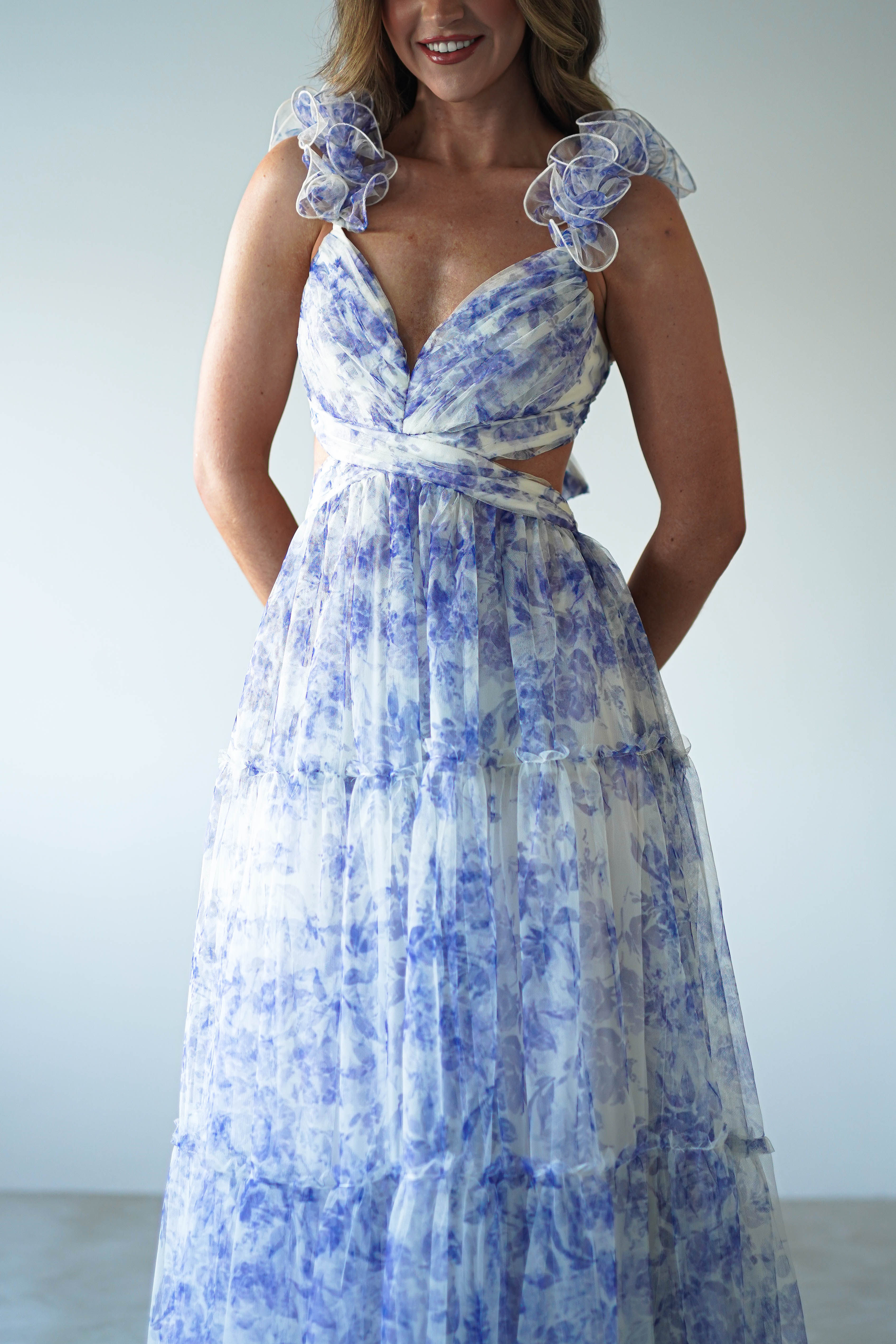 Lauren Floral Tulle Maxi Dress Blue/White | Wedding Guest Dress | Maxi | Oh Hello Clothing
