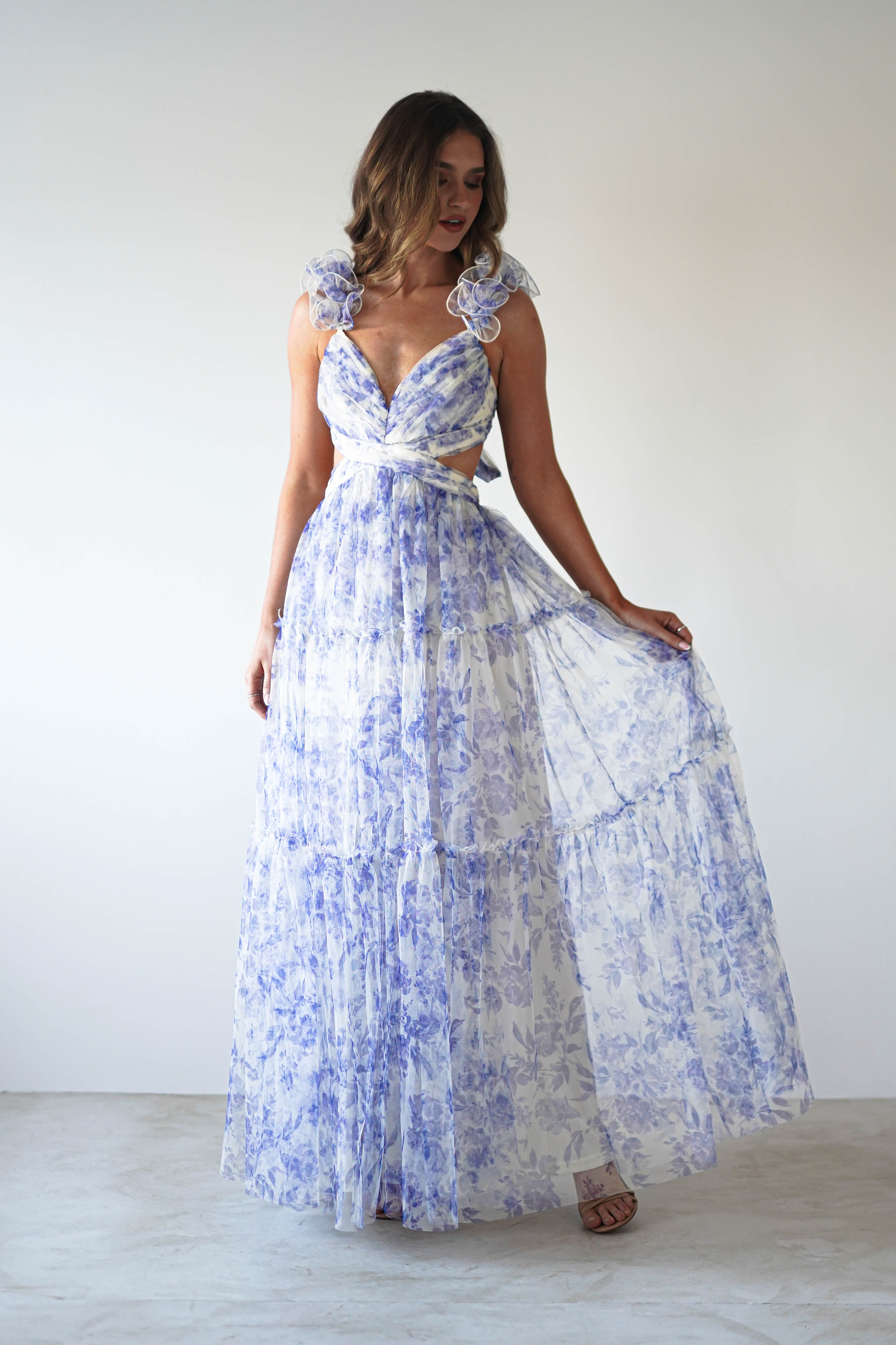 Lauren Floral Tulle Maxi Dress Blue/White | Wedding Guest Dress | Maxi | Oh Hello Clothing