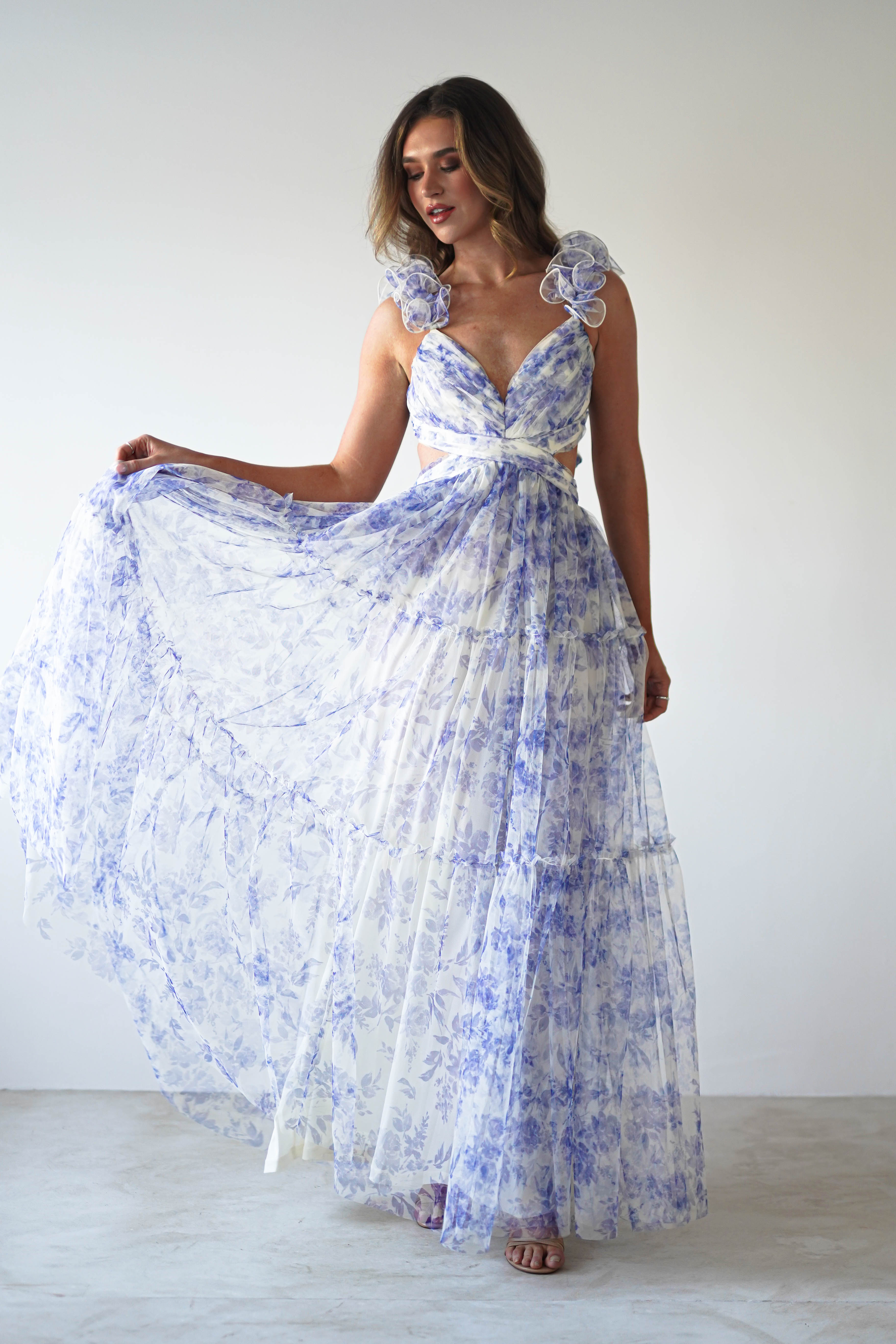 Lauren Floral Tulle Maxi Dress Blue/White | Wedding Guest Dress | Maxi | Oh Hello Clothing