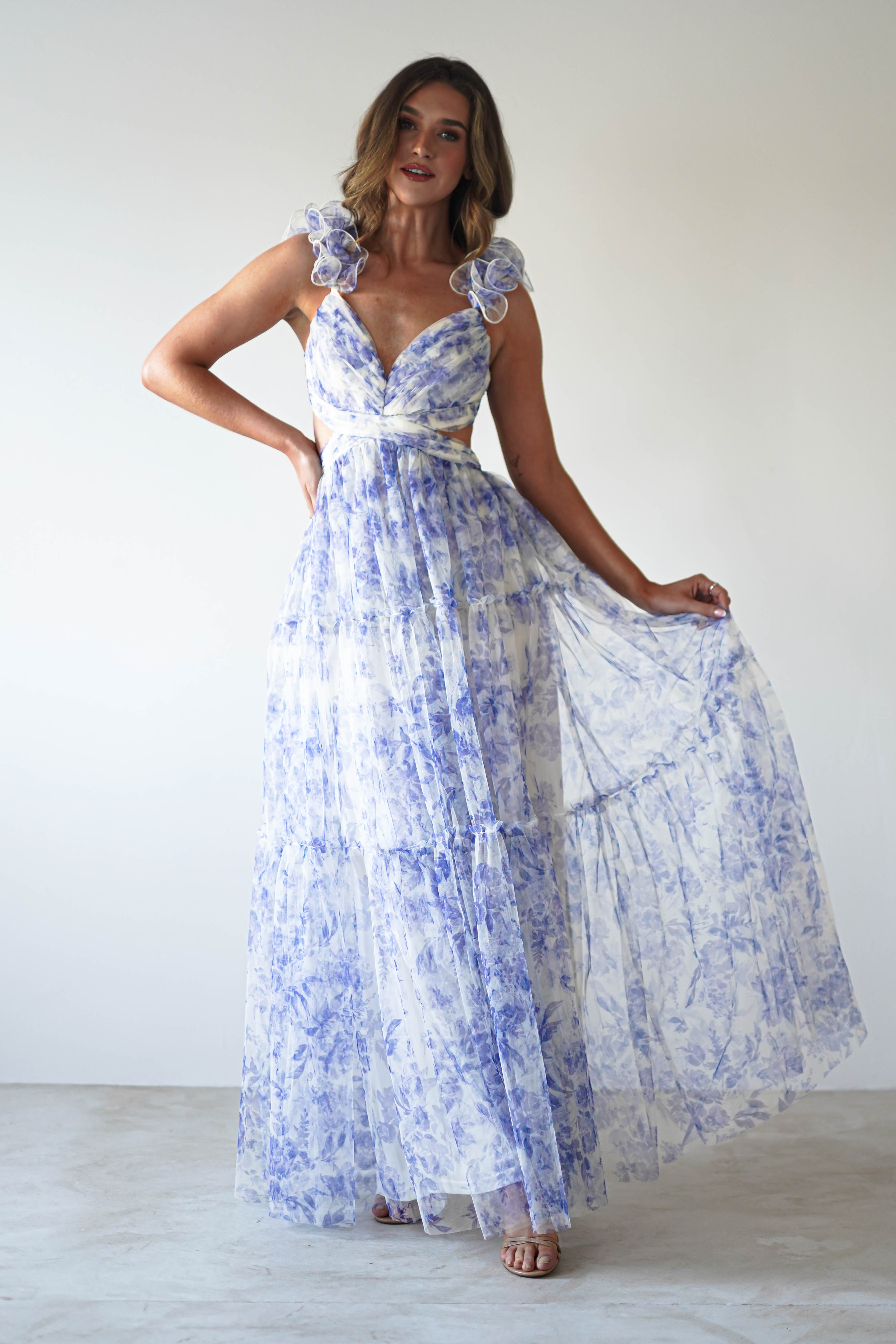 Lauren Floral Tulle Maxi Dress Blue/White | Wedding Guest Dress | Maxi | Oh Hello Clothing