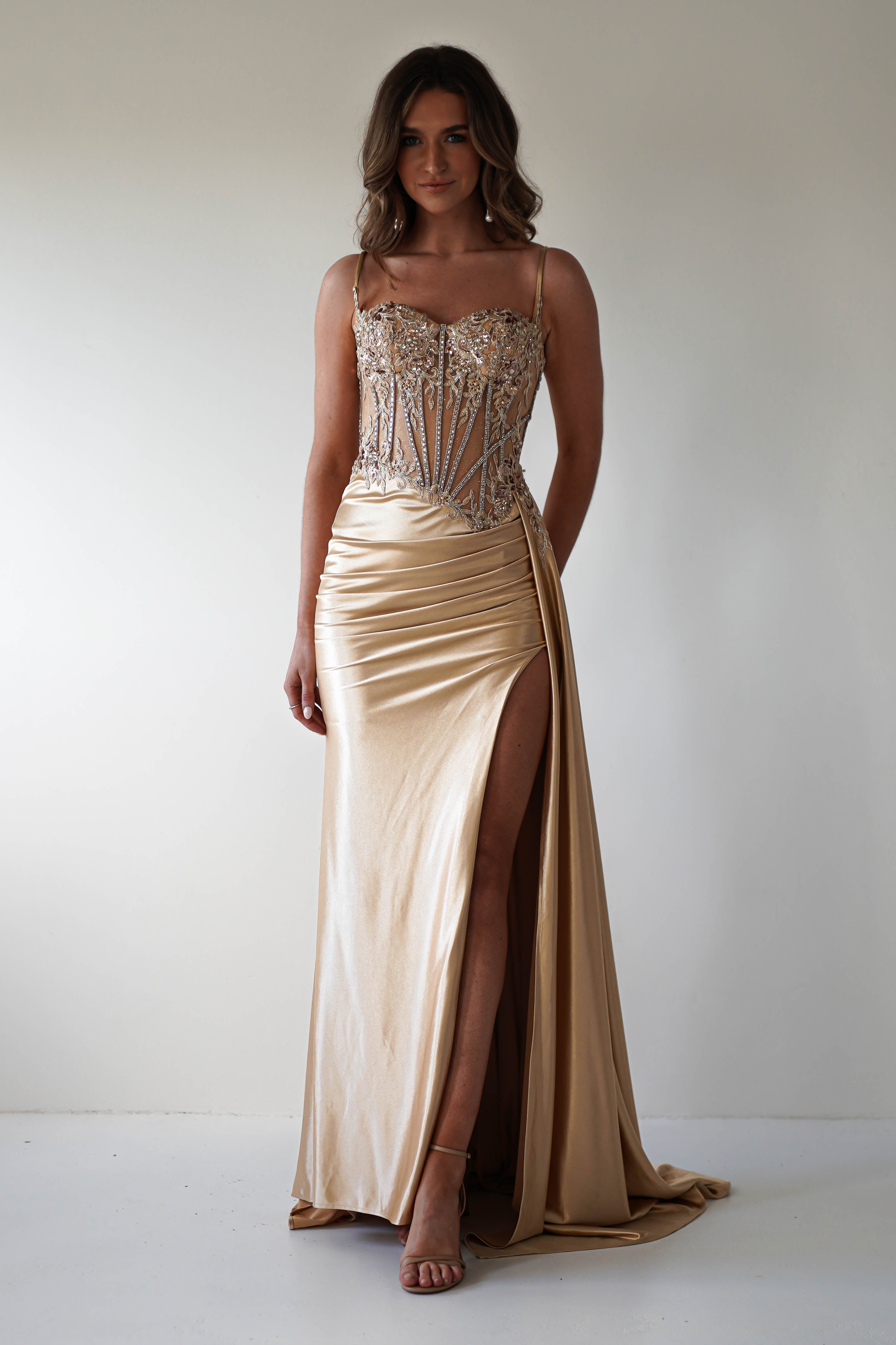 Diva Embellished Corset Gown | Gold | Debs & Prom | Formal Gown | Oh Hello Clothing