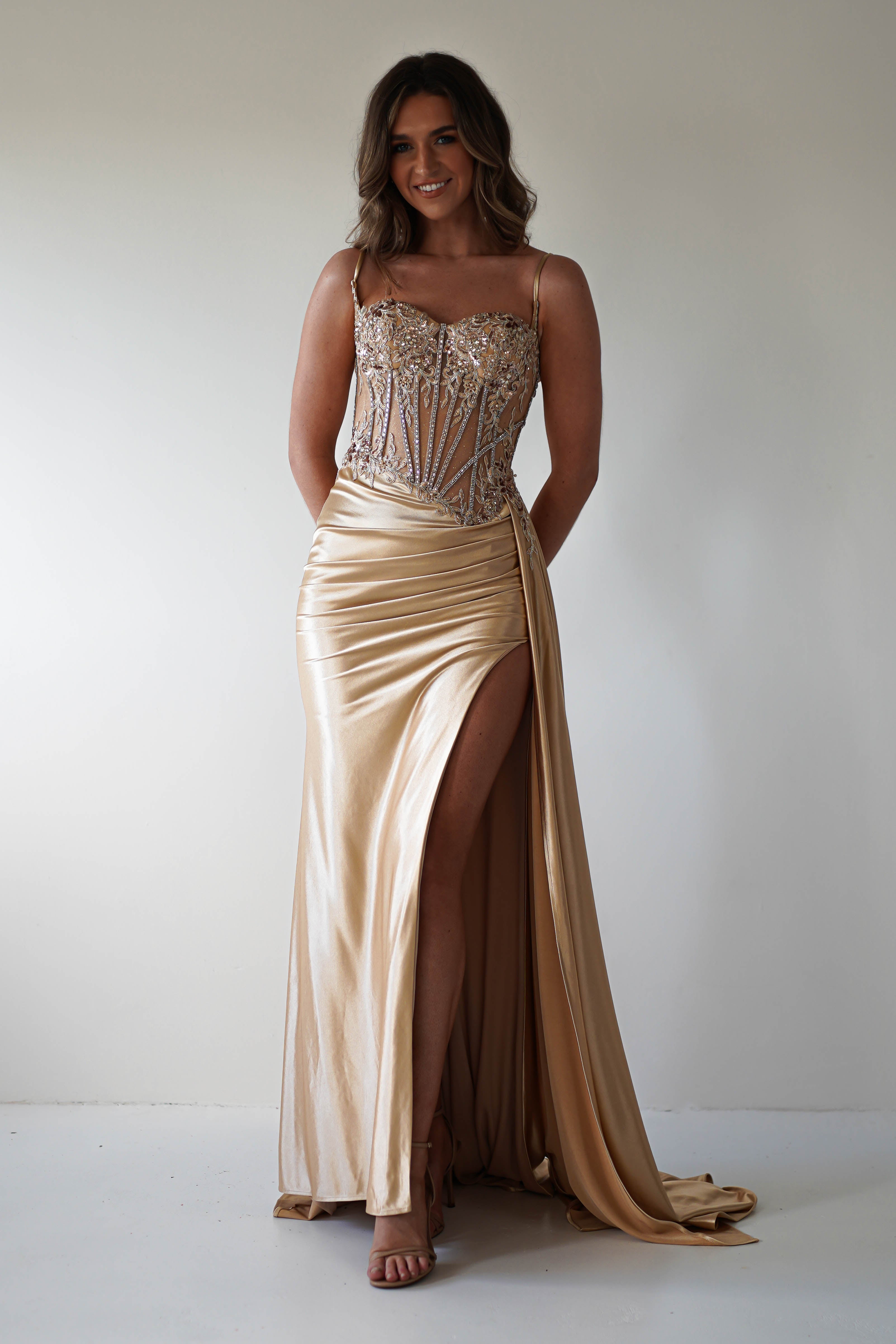 Diva Embellished Corset Gown | Gold | Debs & Prom | Formal Gown | Oh Hello Clothing