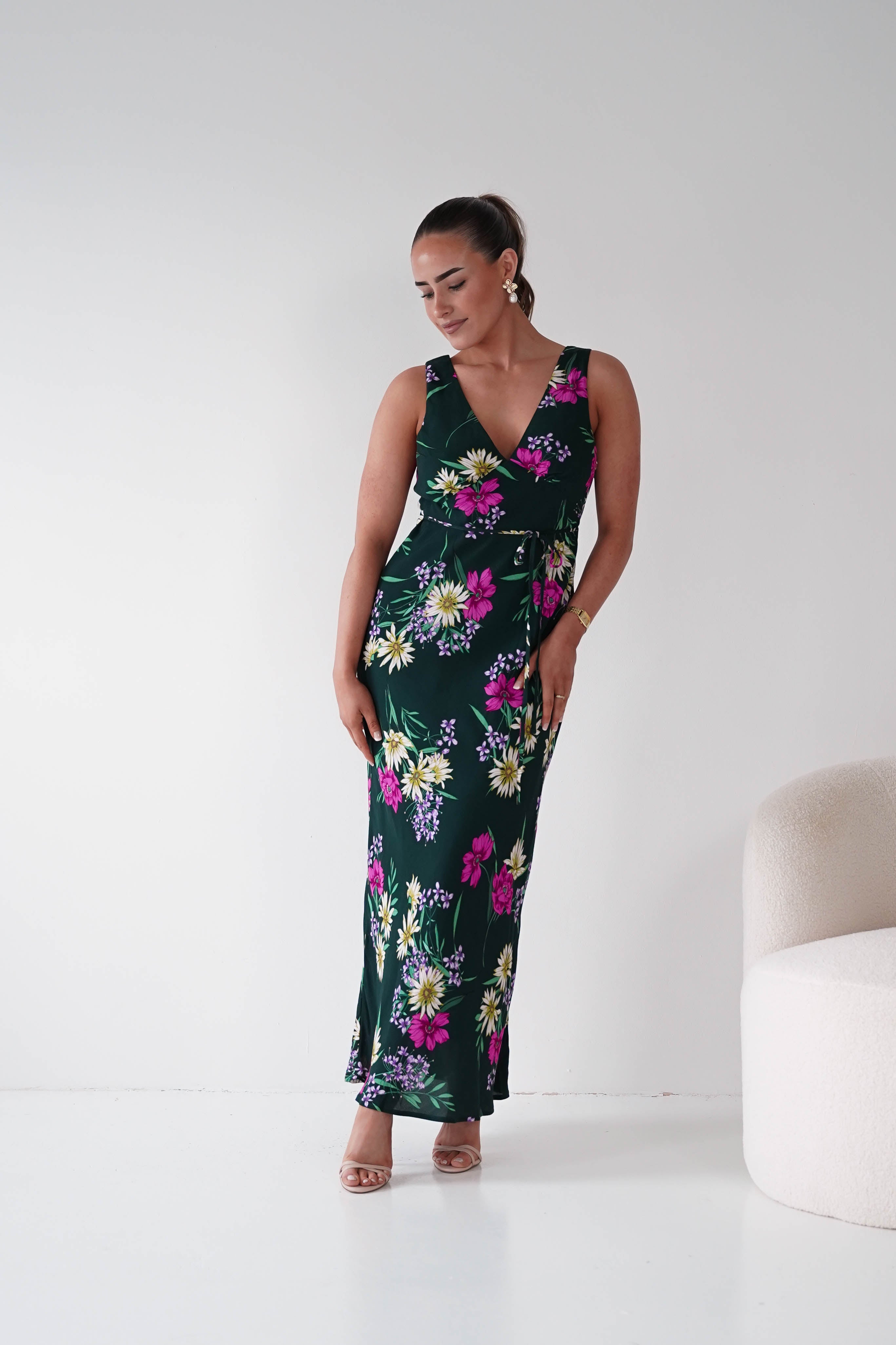 Oh Hello Clothing Women > Clothing > Dresses 1*DONE -DRESSFORUM-FD12140-Floral V-Neck Midi Dress GREEN