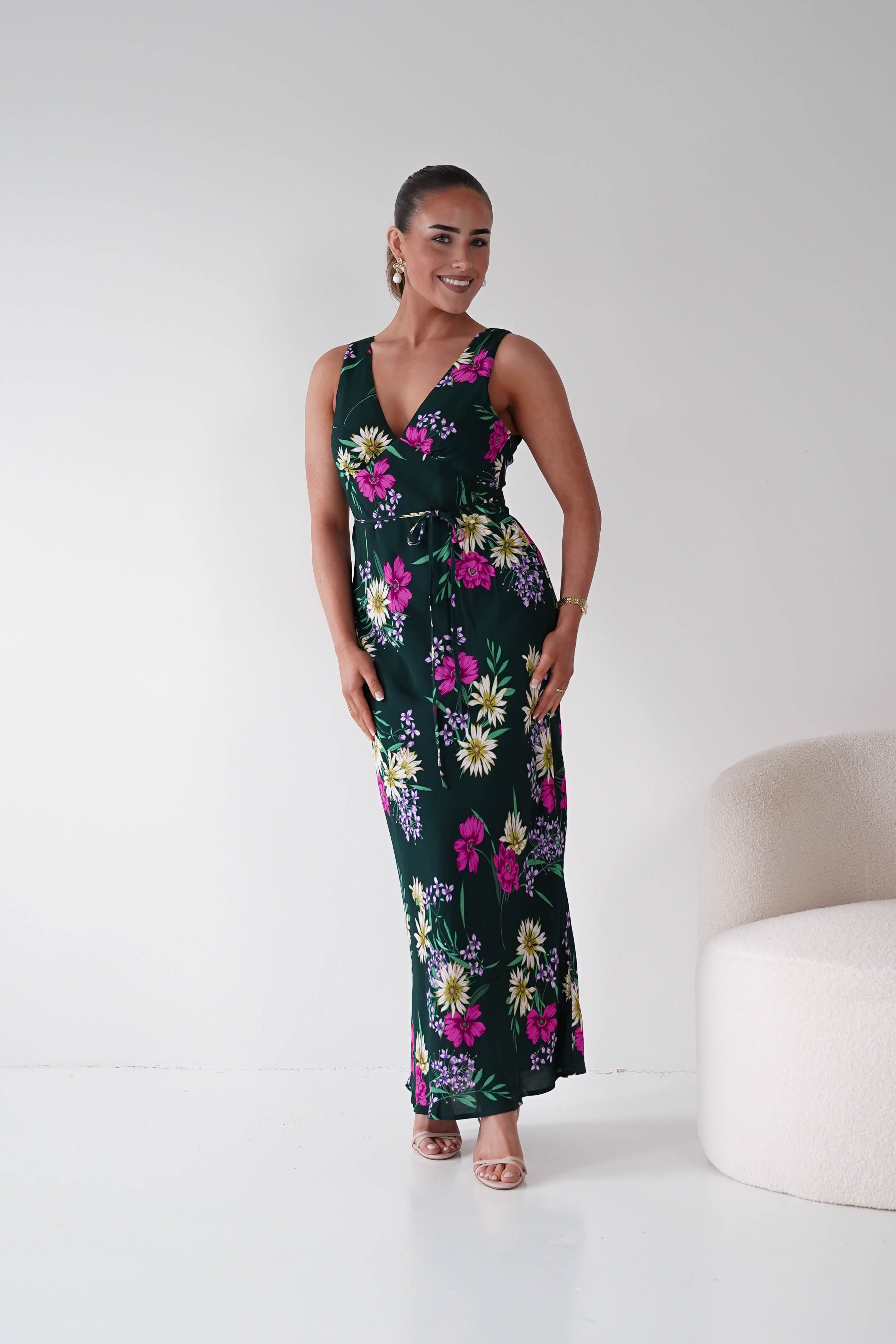 Oh Hello Clothing Women > Clothing > Dresses 1*DONE -DRESSFORUM-FD12140-Floral V-Neck Midi Dress GREEN