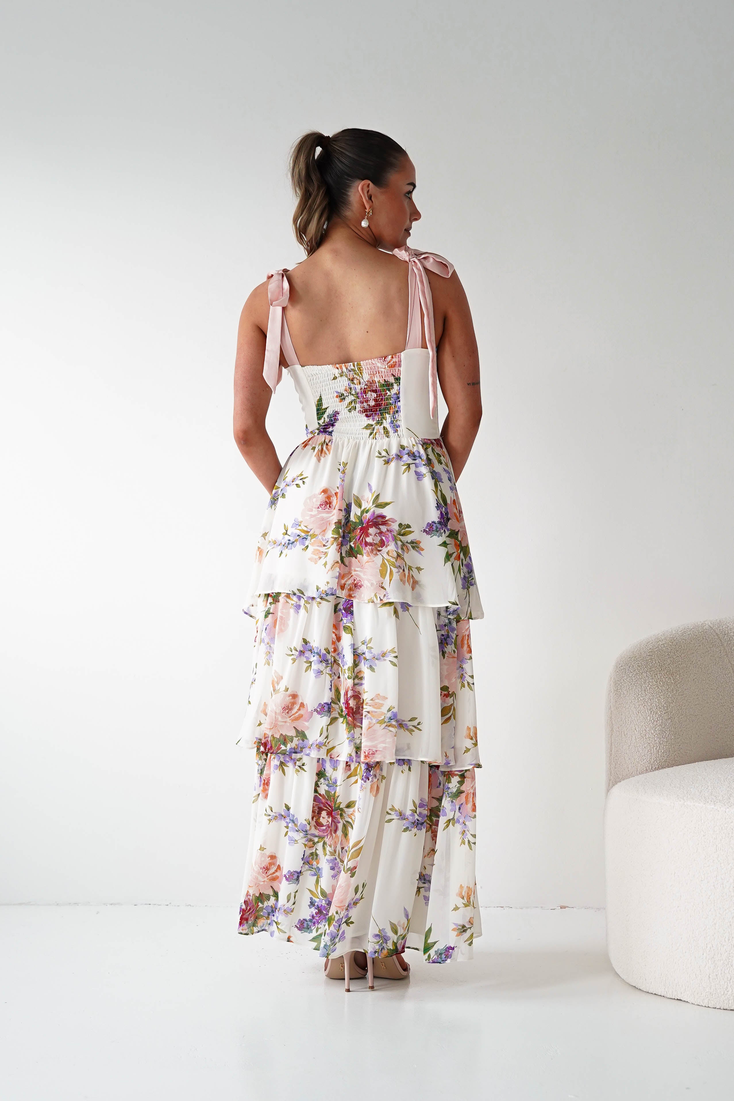 Oh Hello Clothing Women > Clothing > Dresses 1*DONE -DRESSFORUM-FD12770- SOFT CORAL Floral Tie-Shoulder Tiered Midi Dress