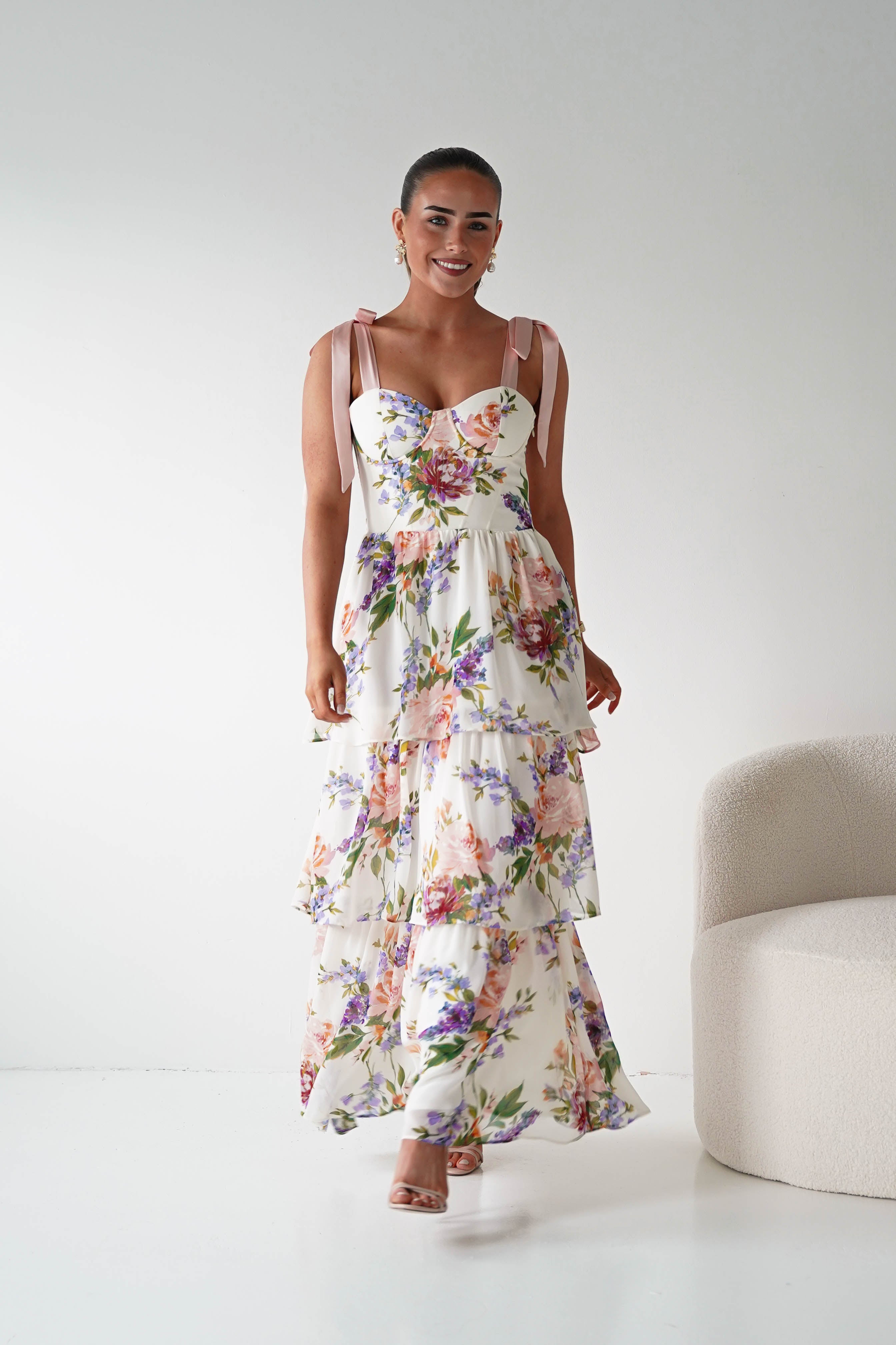 Oh Hello Clothing Women > Clothing > Dresses 1*DONE -DRESSFORUM-FD12770- SOFT CORAL Floral Tie-Shoulder Tiered Midi Dress