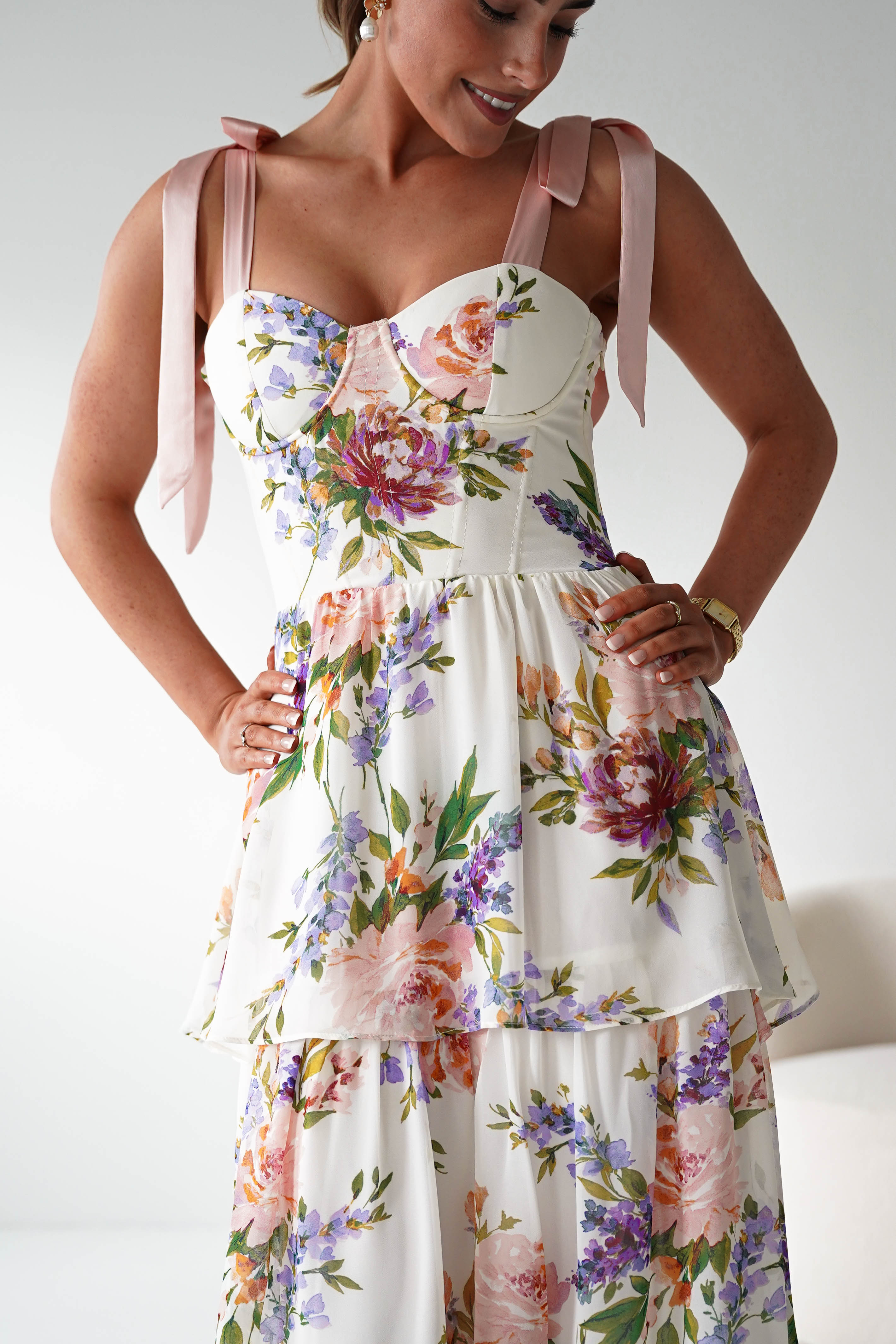 Oh Hello Clothing Women > Clothing > Dresses 1*DONE -DRESSFORUM-FD12770- SOFT CORAL Floral Tie-Shoulder Tiered Midi Dress