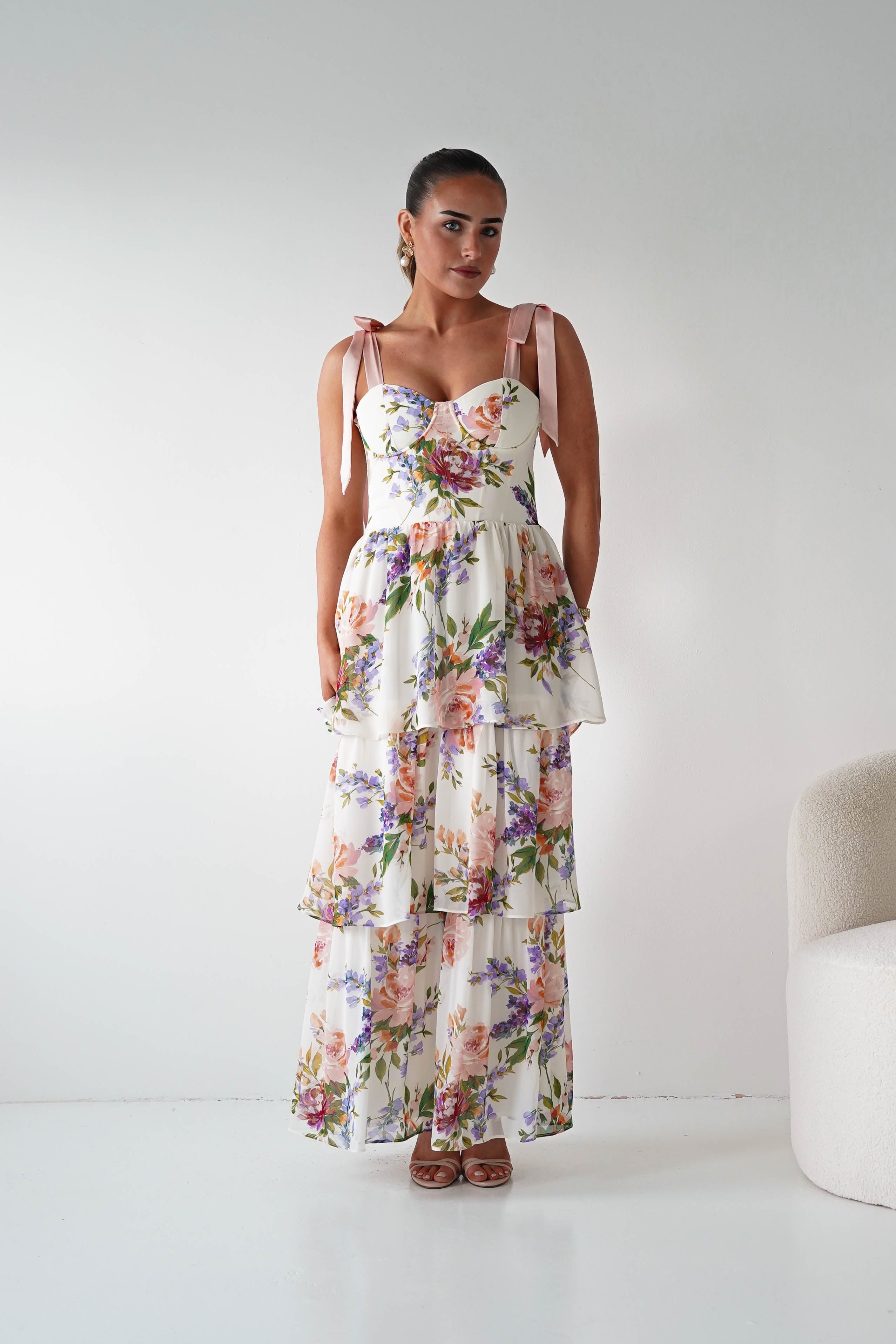 Oh Hello Clothing Women > Clothing > Dresses 1*DONE -DRESSFORUM-FD12770- SOFT CORAL Floral Tie-Shoulder Tiered Midi Dress