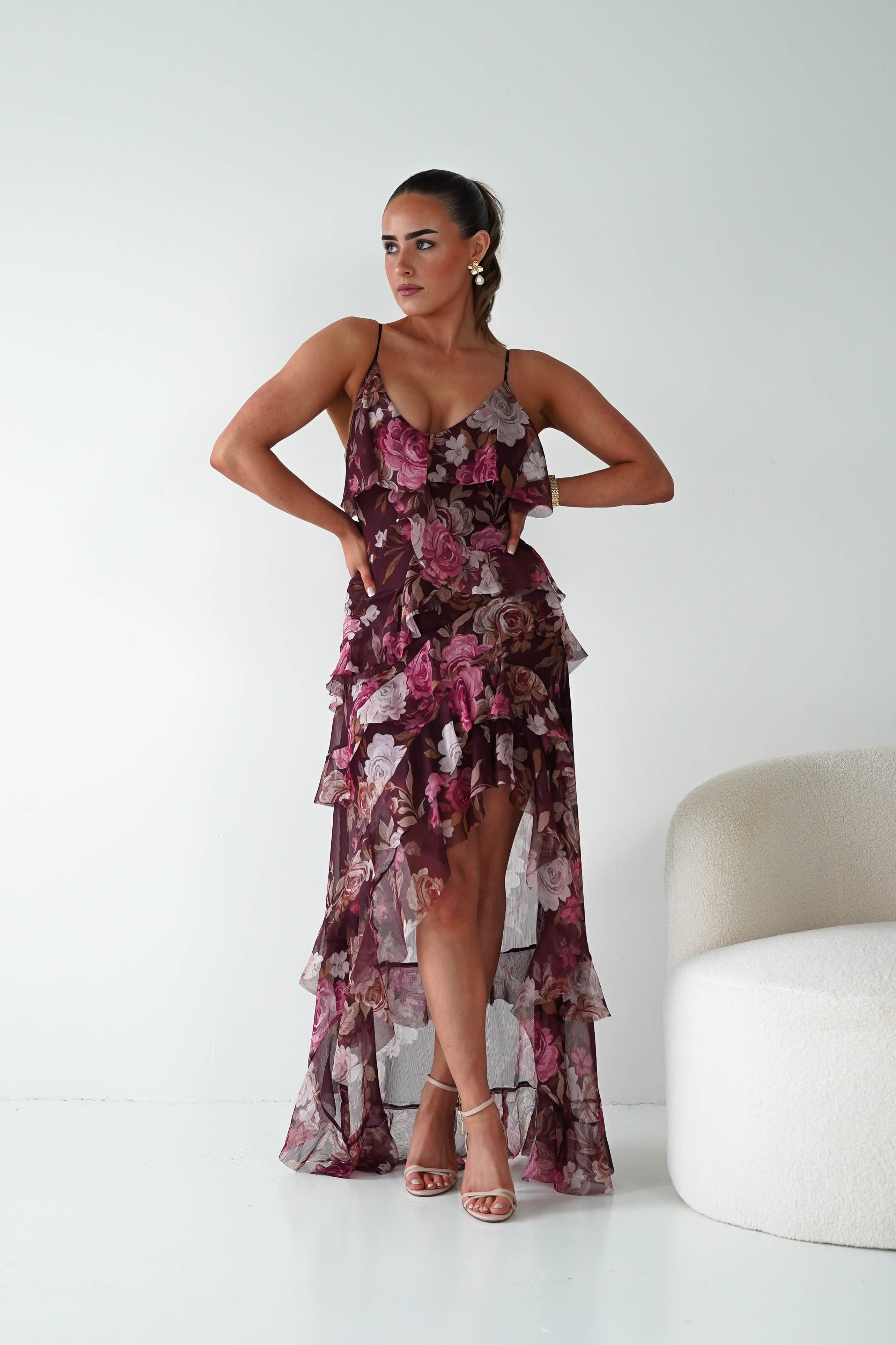 Oh Hello Clothing Women > Clothing > Dresses 1*DONE -DRESSFORUM-FD13394-Burgundy Floral Ruffle Midi Dress