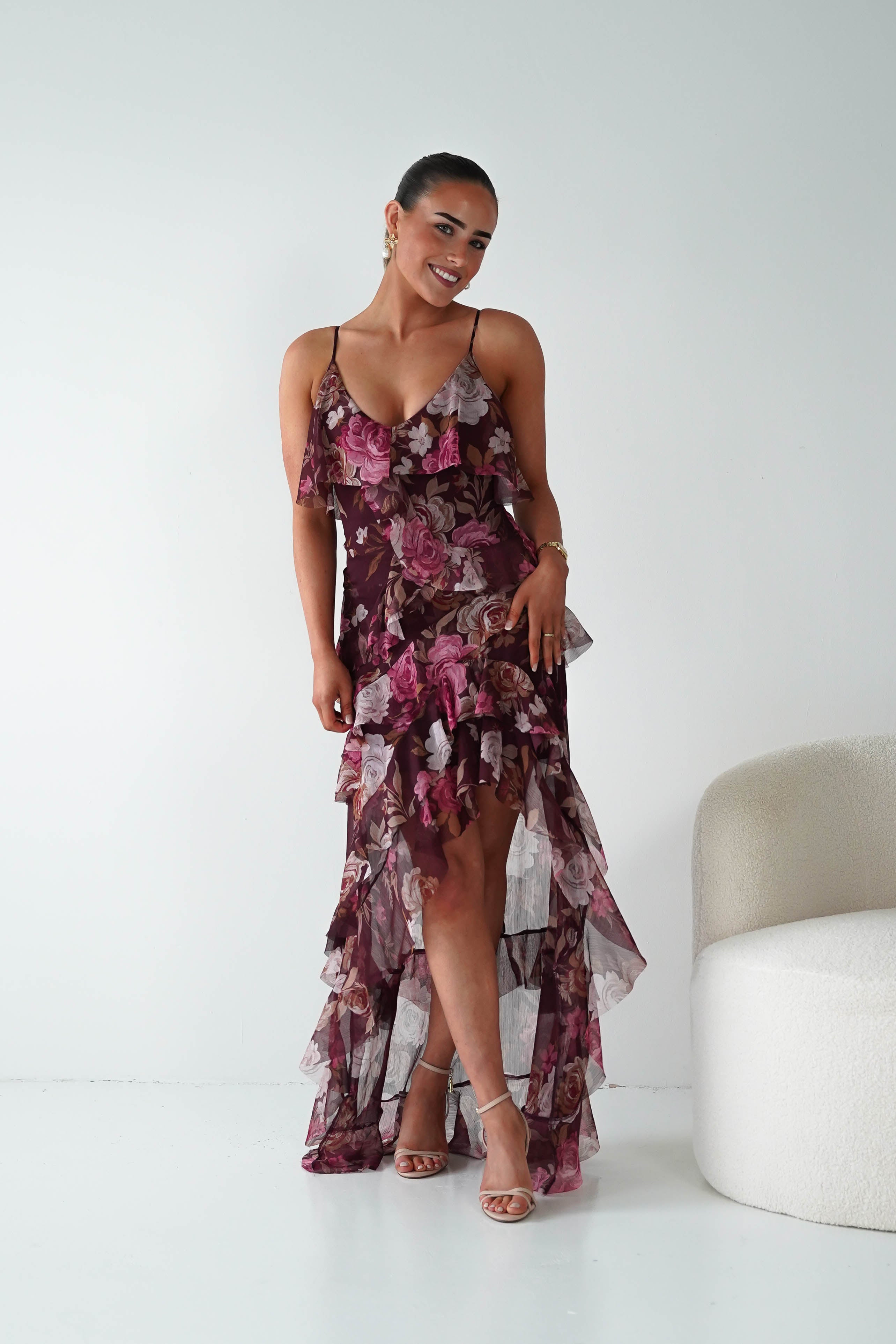 Oh Hello Clothing Women > Clothing > Dresses 1*DONE -DRESSFORUM-FD13394-Burgundy Floral Ruffle Midi Dress
