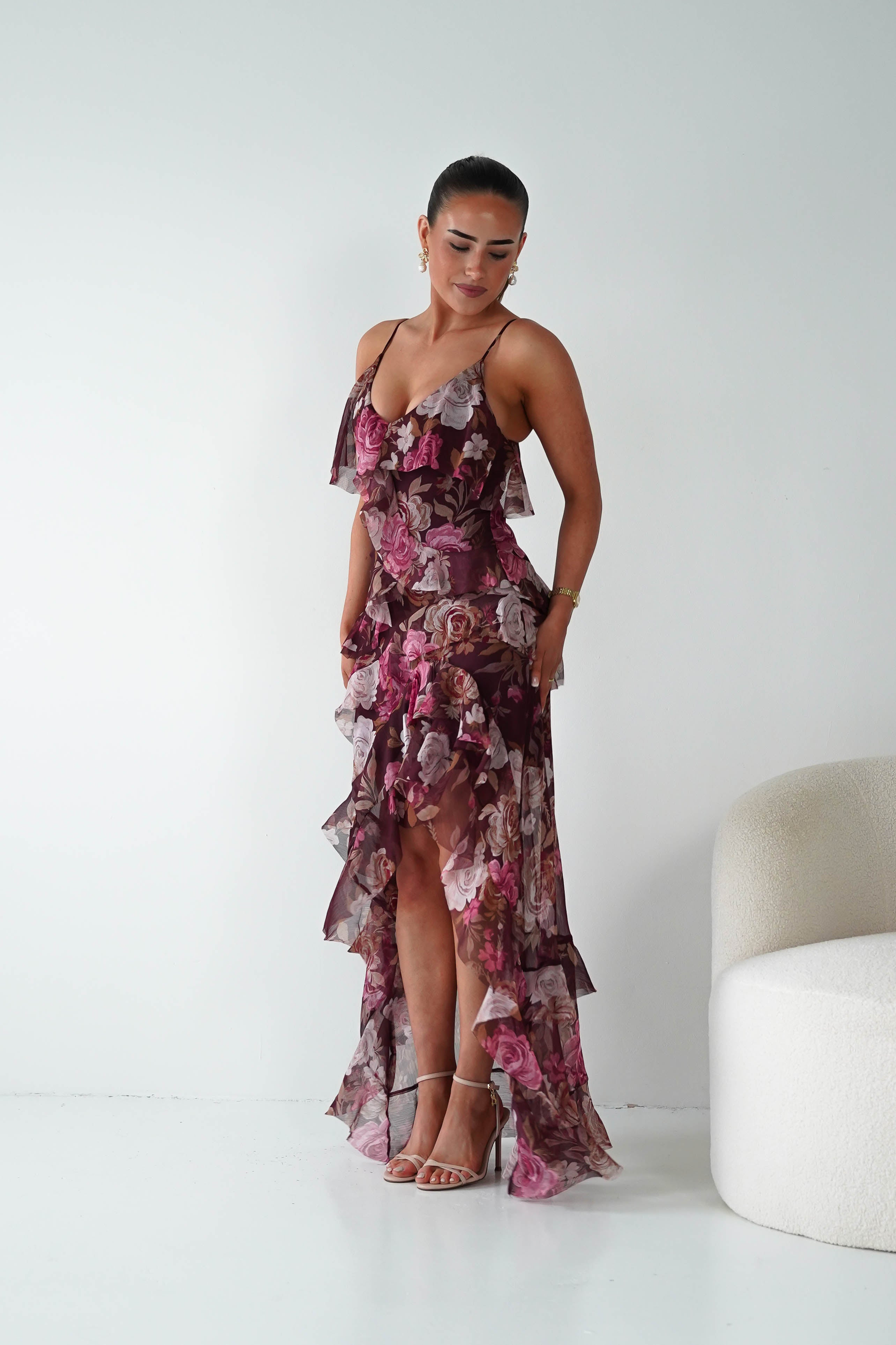 Oh Hello Clothing Women > Clothing > Dresses 1*DONE -DRESSFORUM-FD13394-Burgundy Floral Ruffle Midi Dress