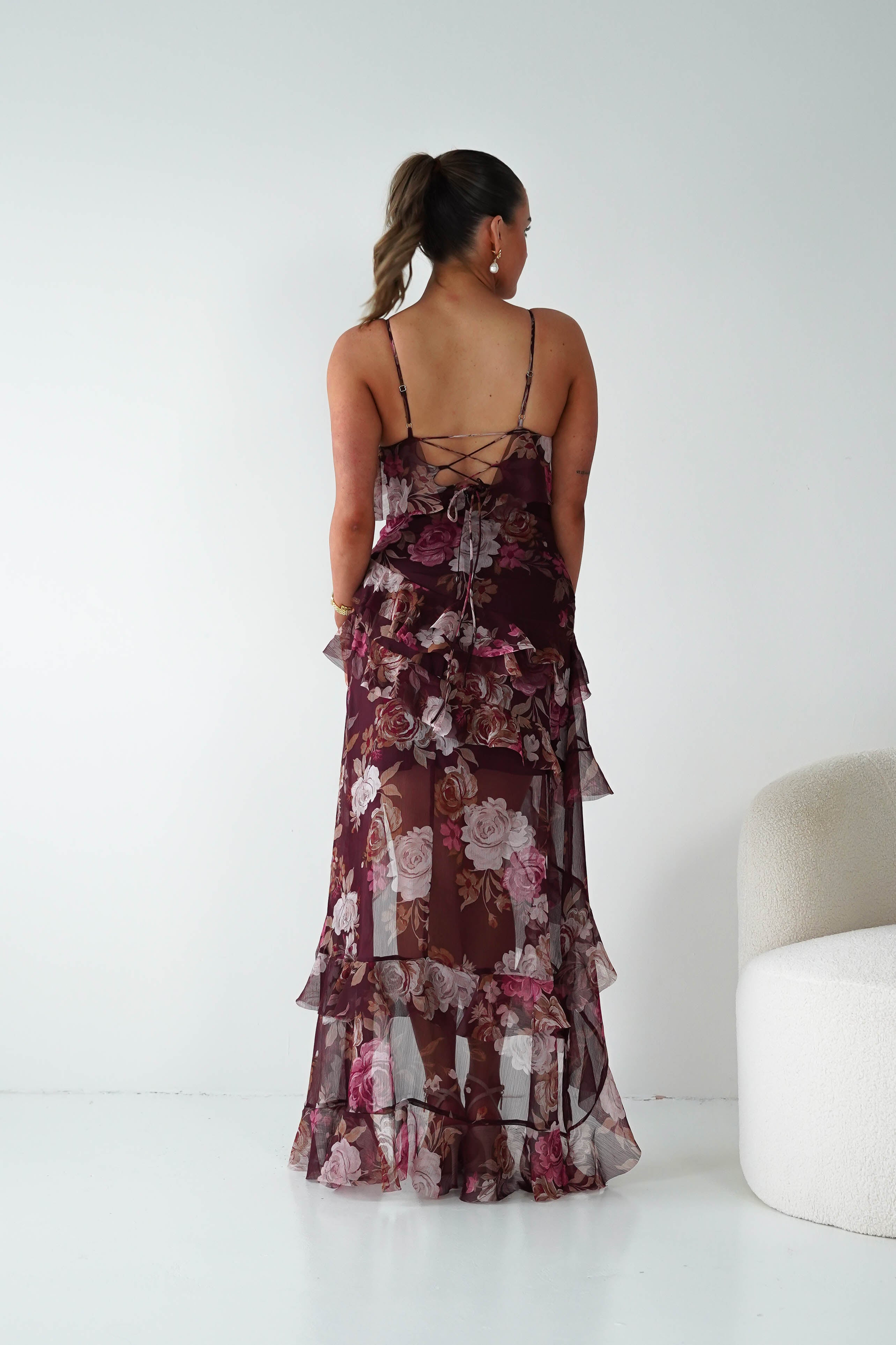Oh Hello Clothing Women > Clothing > Dresses 1*DONE -DRESSFORUM-FD13394-Burgundy Floral Ruffle Midi Dress