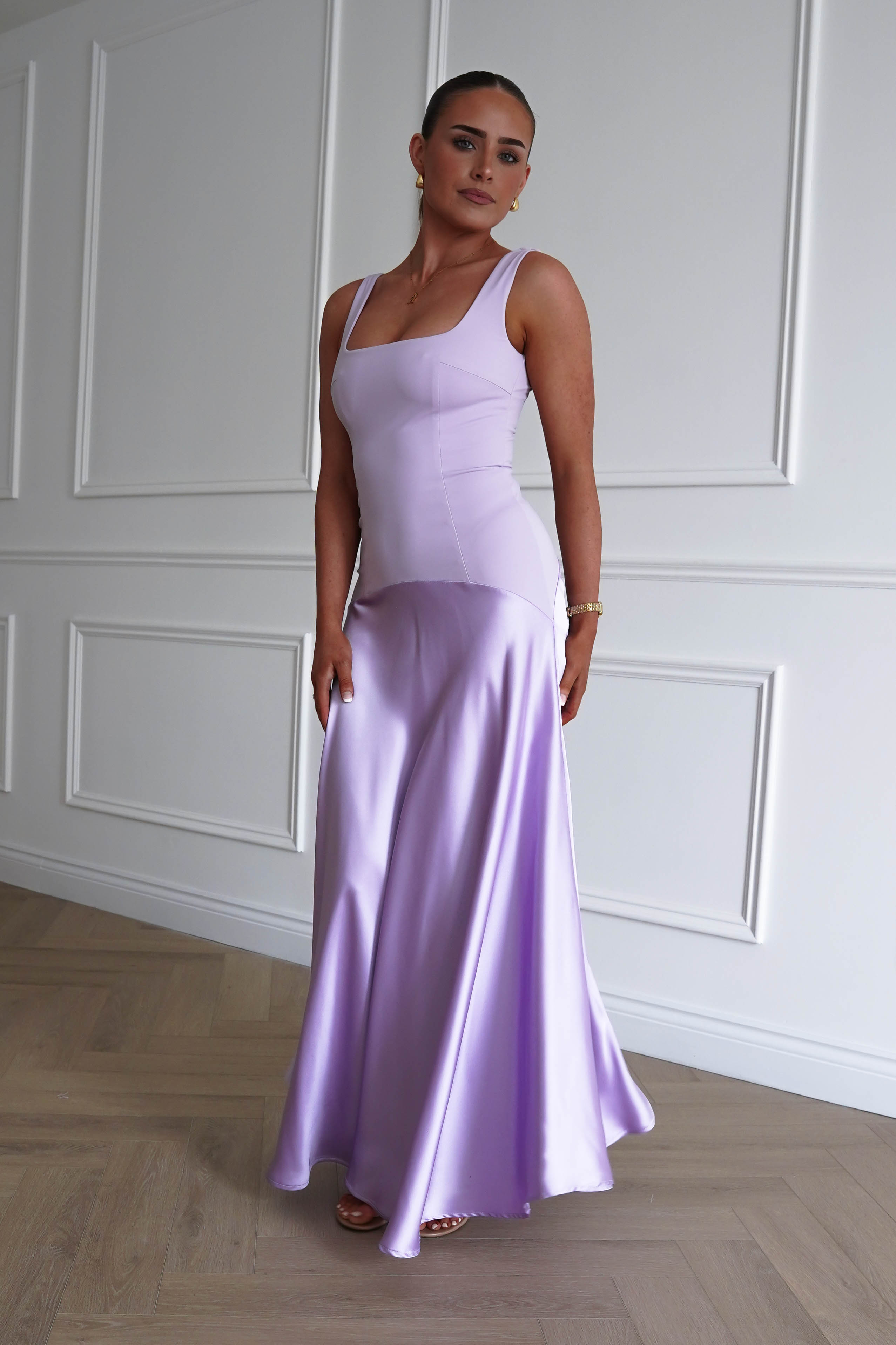 Oh Hello Clothing Dresses > Prom Dresses 1* DONE - Elena Square Neck Soft Satin Maxi Dress | Lilac