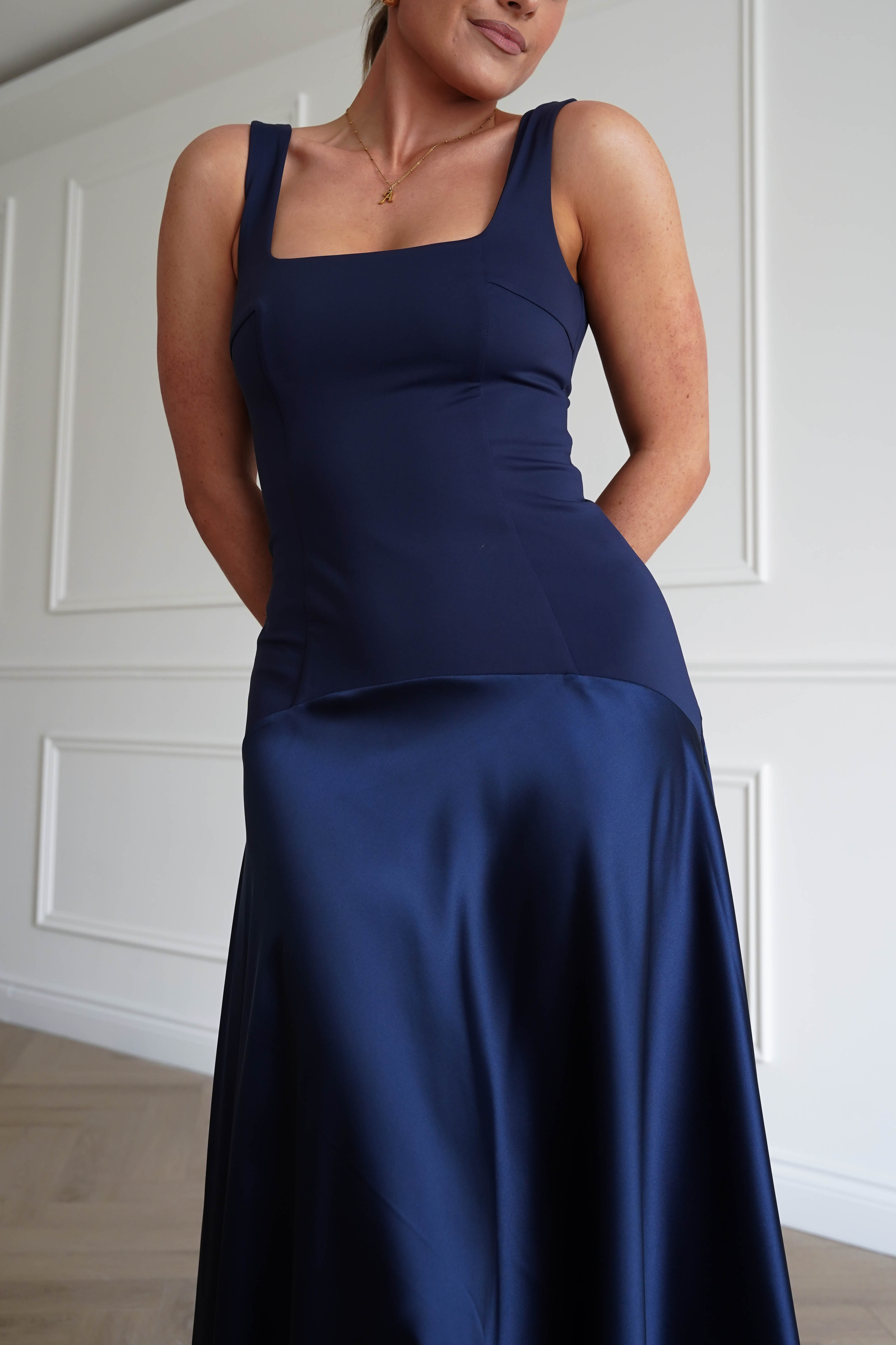 Oh Hello Clothing Dresses > Prom Dresses 1* Done - Elena Square Neck Soft Satin Maxi Dress | Navy