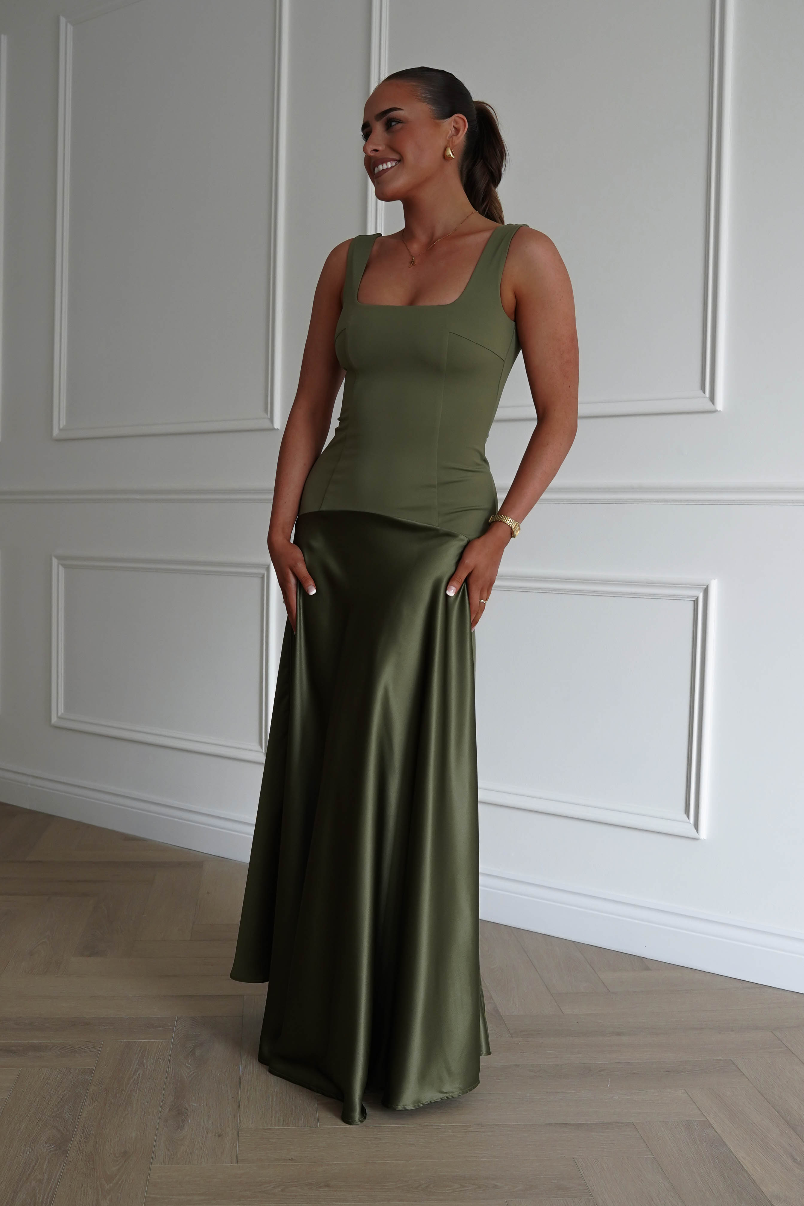 Oh Hello Clothing Dresses > Prom Dresses 1* DONE - Elena Square Neck Soft Satin Maxi Dress | Olive